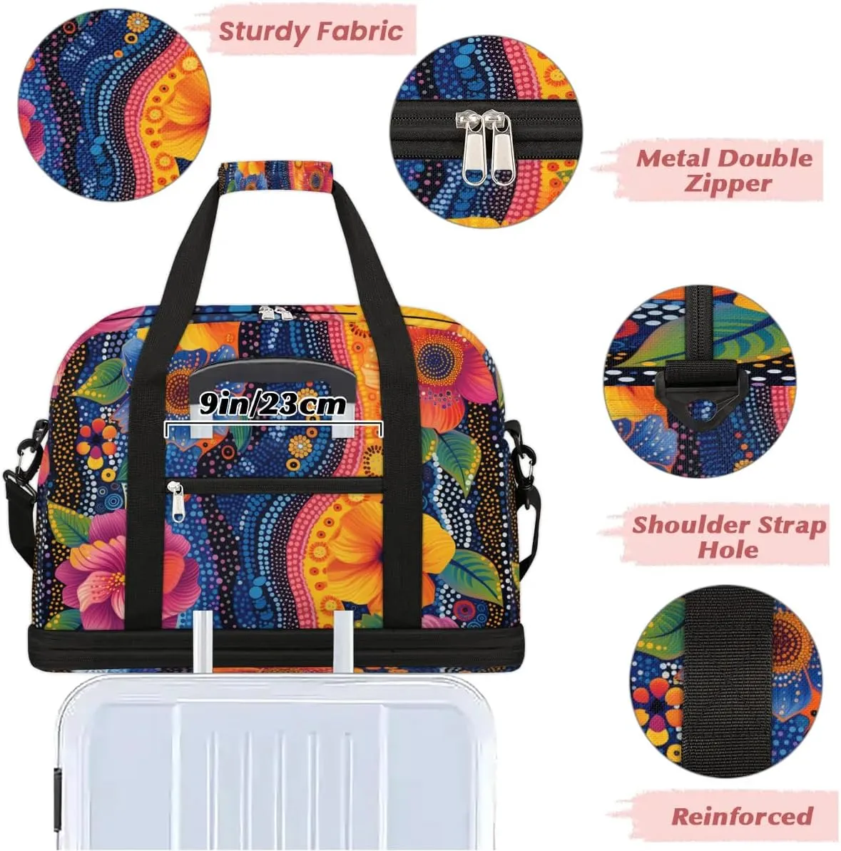 Colorful Patterns Retro Flower Travel Duffle Bag, Collapsible Travel Bag Sports Gym Bag With Shoes Compartment Weekender Bag Overnight Bag For Women Men