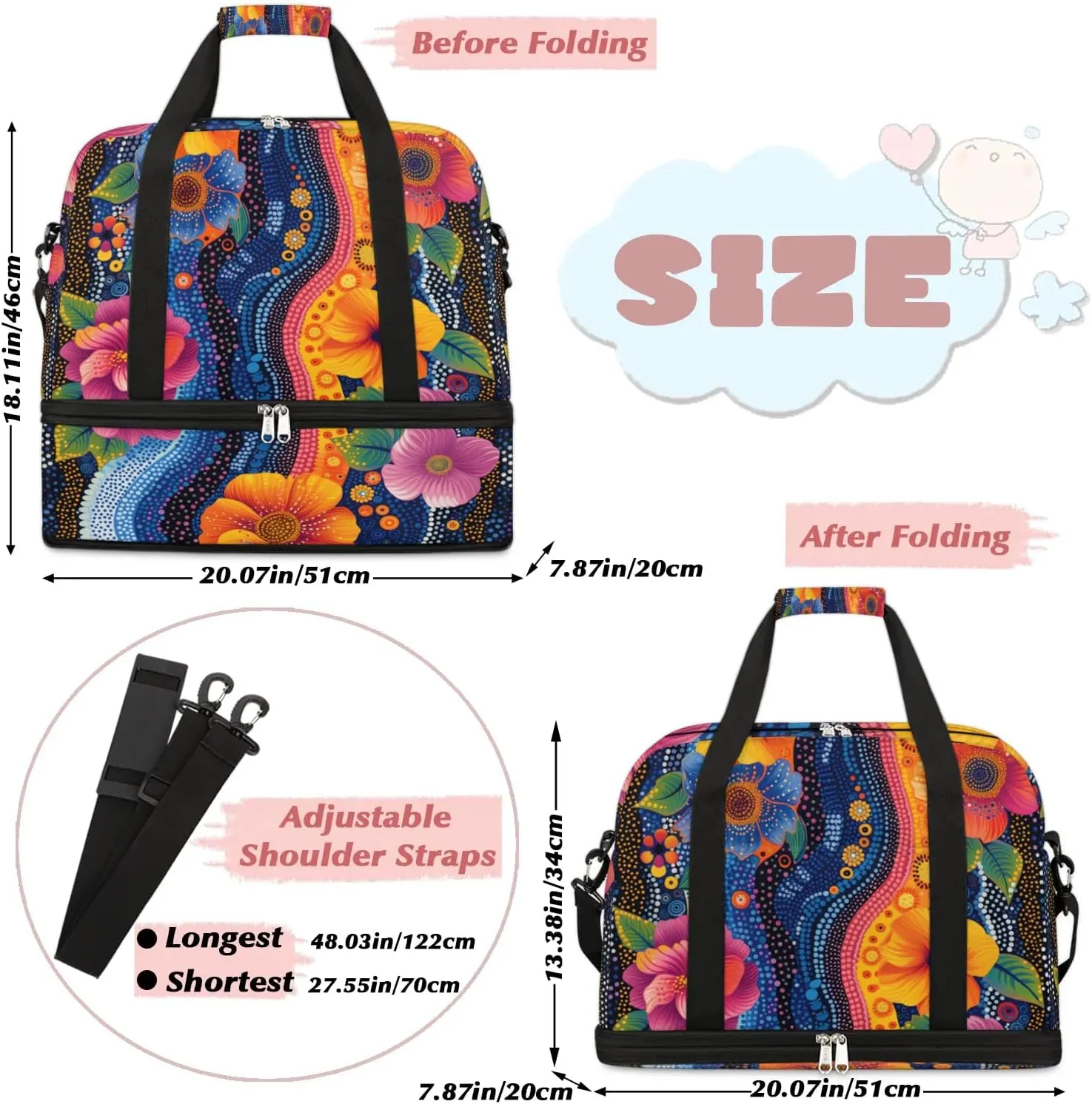 Colorful Patterns Retro Flower Travel Duffle Bag, Collapsible Travel Bag Sports Gym Bag With Shoes Compartment Weekender Bag Overnight Bag For Women Men