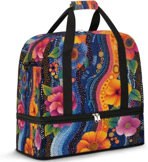 Colorful Patterns Retro Flower Travel Duffle Bag, Collapsible Travel Bag Sports Gym Bag With Shoes Compartment Weekender Bag Overnight Bag For Women Men