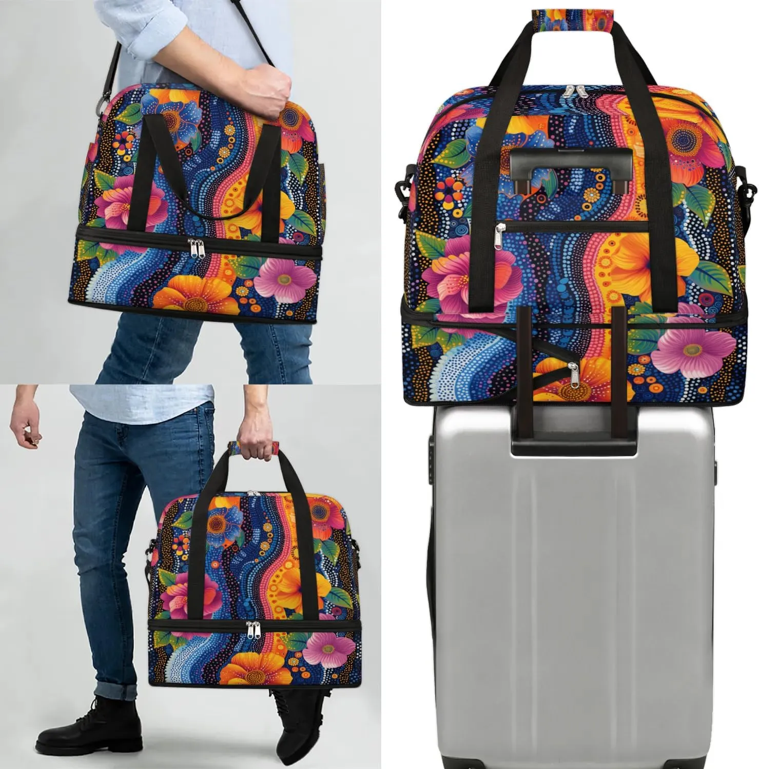 Colorful Patterns Retro Flower Travel Duffle Bag, Collapsible Travel Bag Sports Gym Bag With Shoes Compartment Weekender Bag Overnight Bag For Women Men