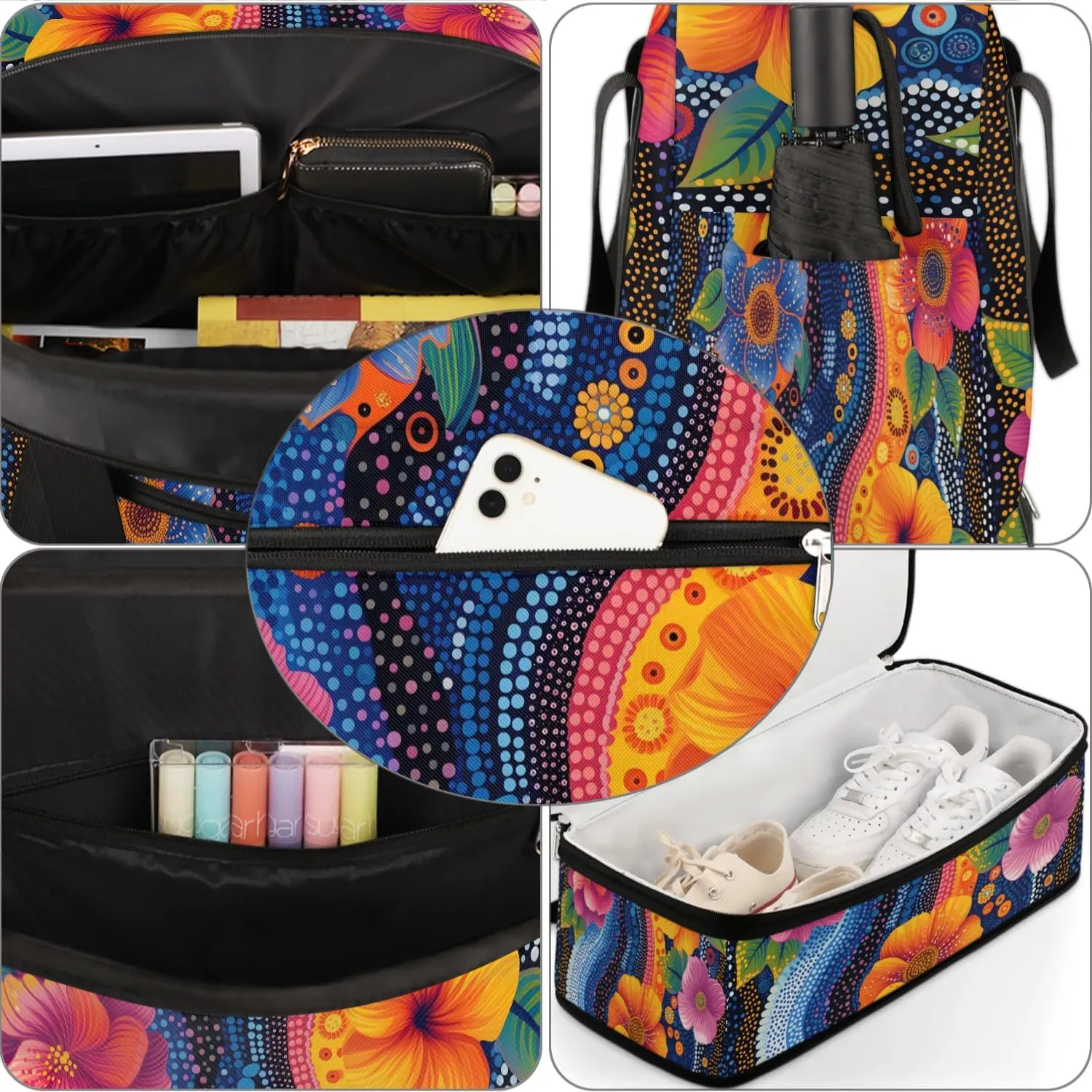 Colorful Patterns Retro Flower Travel Duffle Bag, Collapsible Travel Bag Sports Gym Bag With Shoes Compartment Weekender Bag Overnight Bag For Women Men
