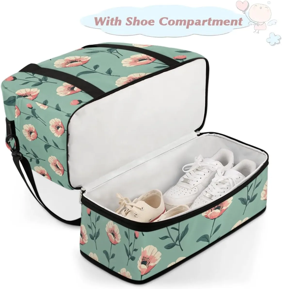 Colorful Retro Flora Patterns Travel Duffle Bag, Collapsible Travel Bag Sports Gym Bag With Shoes Compartment Weekender Bag Overnight Bag For Women Men