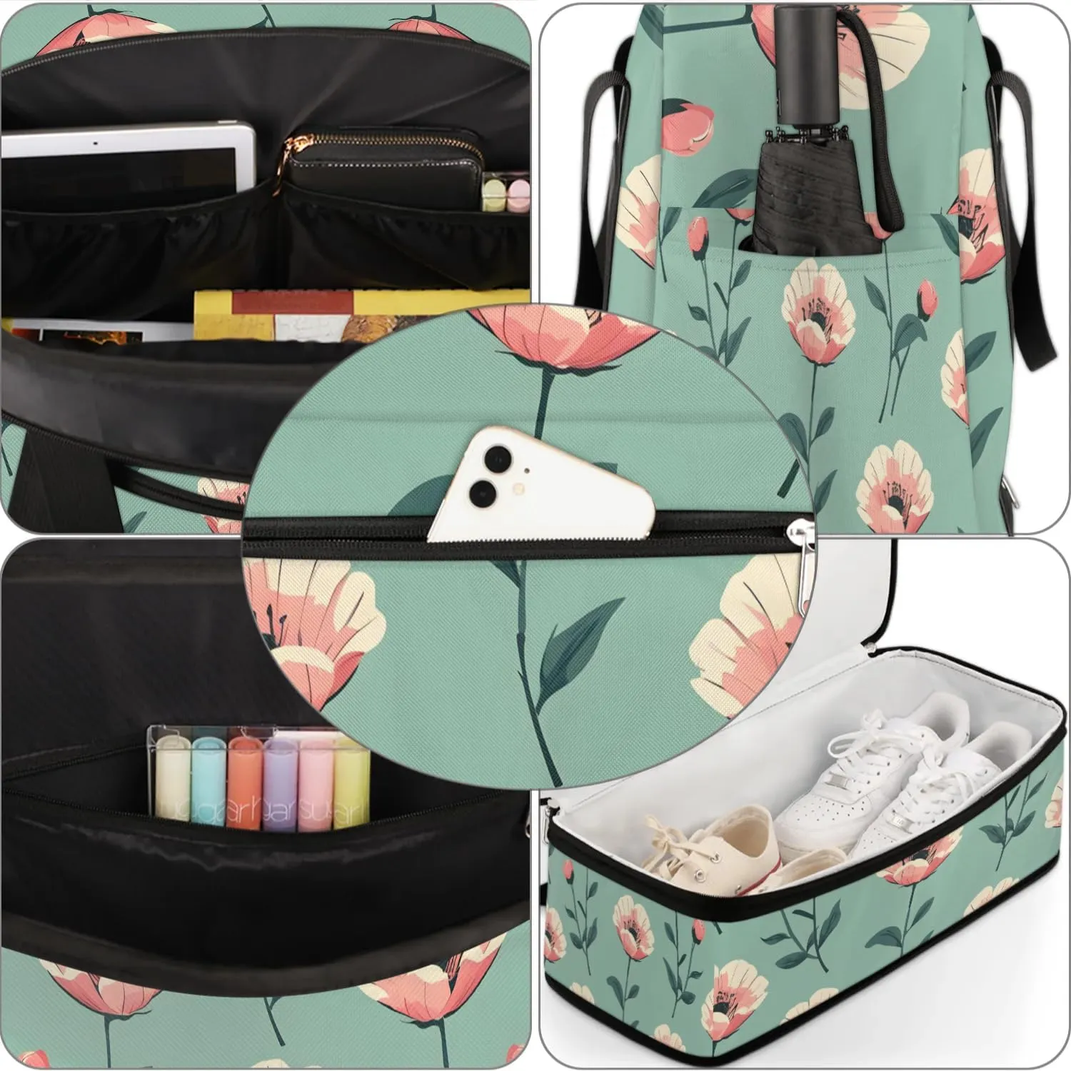 Colorful Retro Flora Patterns Travel Duffle Bag, Collapsible Travel Bag Sports Gym Bag With Shoes Compartment Weekender Bag Overnight Bag For Women Men