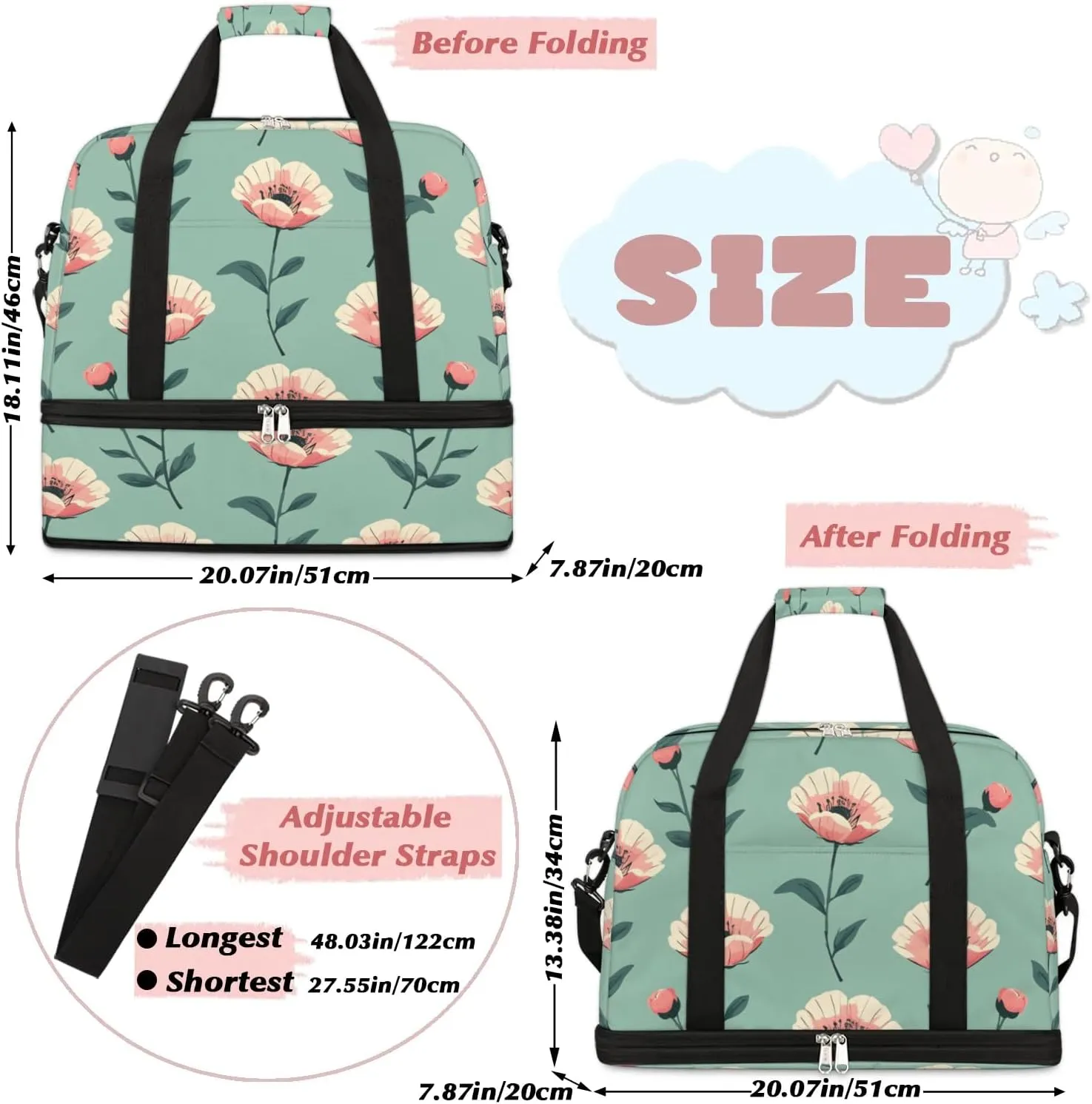 Colorful Retro Flora Patterns Travel Duffle Bag, Collapsible Travel Bag Sports Gym Bag With Shoes Compartment Weekender Bag Overnight Bag For Women Men