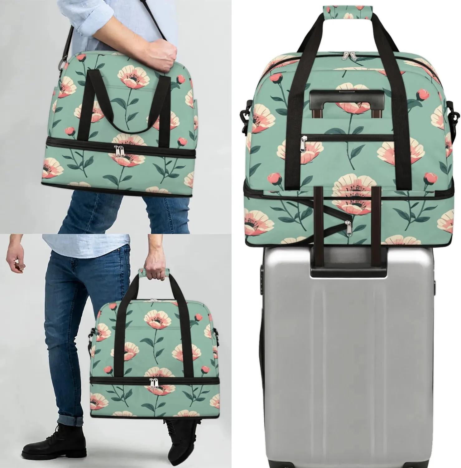 Colorful Retro Flora Patterns Travel Duffle Bag, Collapsible Travel Bag Sports Gym Bag With Shoes Compartment Weekender Bag Overnight Bag For Women Men