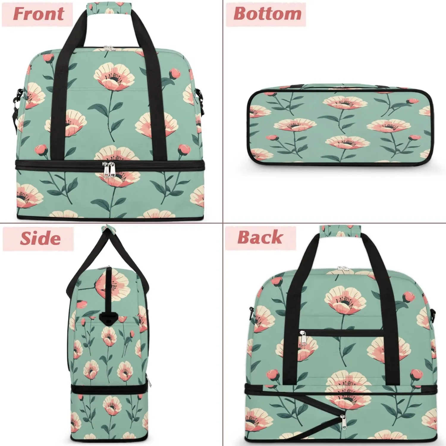 Colorful Retro Flora Patterns Travel Duffle Bag, Collapsible Travel Bag Sports Gym Bag With Shoes Compartment Weekender Bag Overnight Bag For Women Men