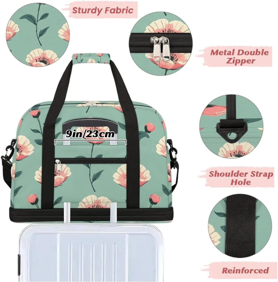 Colorful Retro Flora Patterns Travel Duffle Bag, Collapsible Travel Bag Sports Gym Bag With Shoes Compartment Weekender Bag Overnight Bag For Women Men