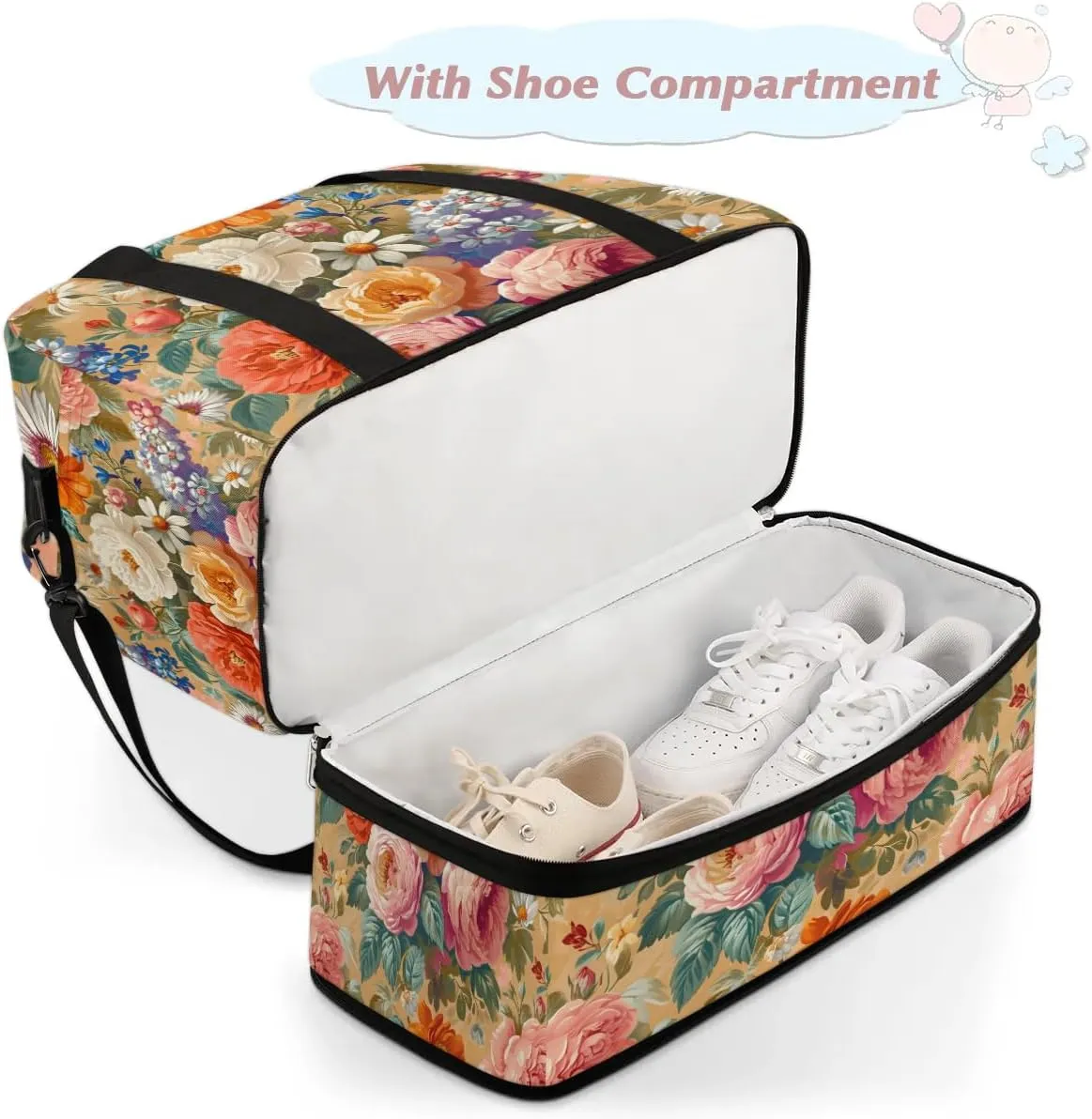Colorful Retro Print Flowers Travel Duffle Bag, Collapsible Travel Bag Sports Gym Bag With Shoes Compartment Weekender Bag Overnight Bag For Women Men