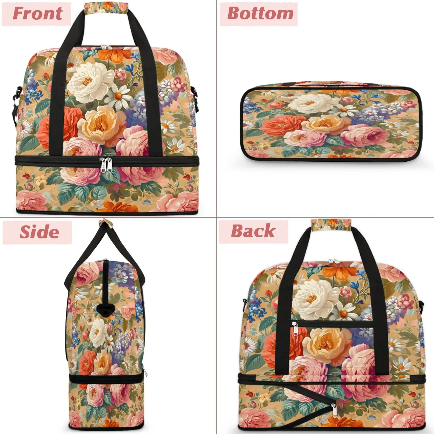 Colorful Retro Print Flowers Travel Duffle Bag, Collapsible Travel Bag Sports Gym Bag With Shoes Compartment Weekender Bag Overnight Bag For Women Men