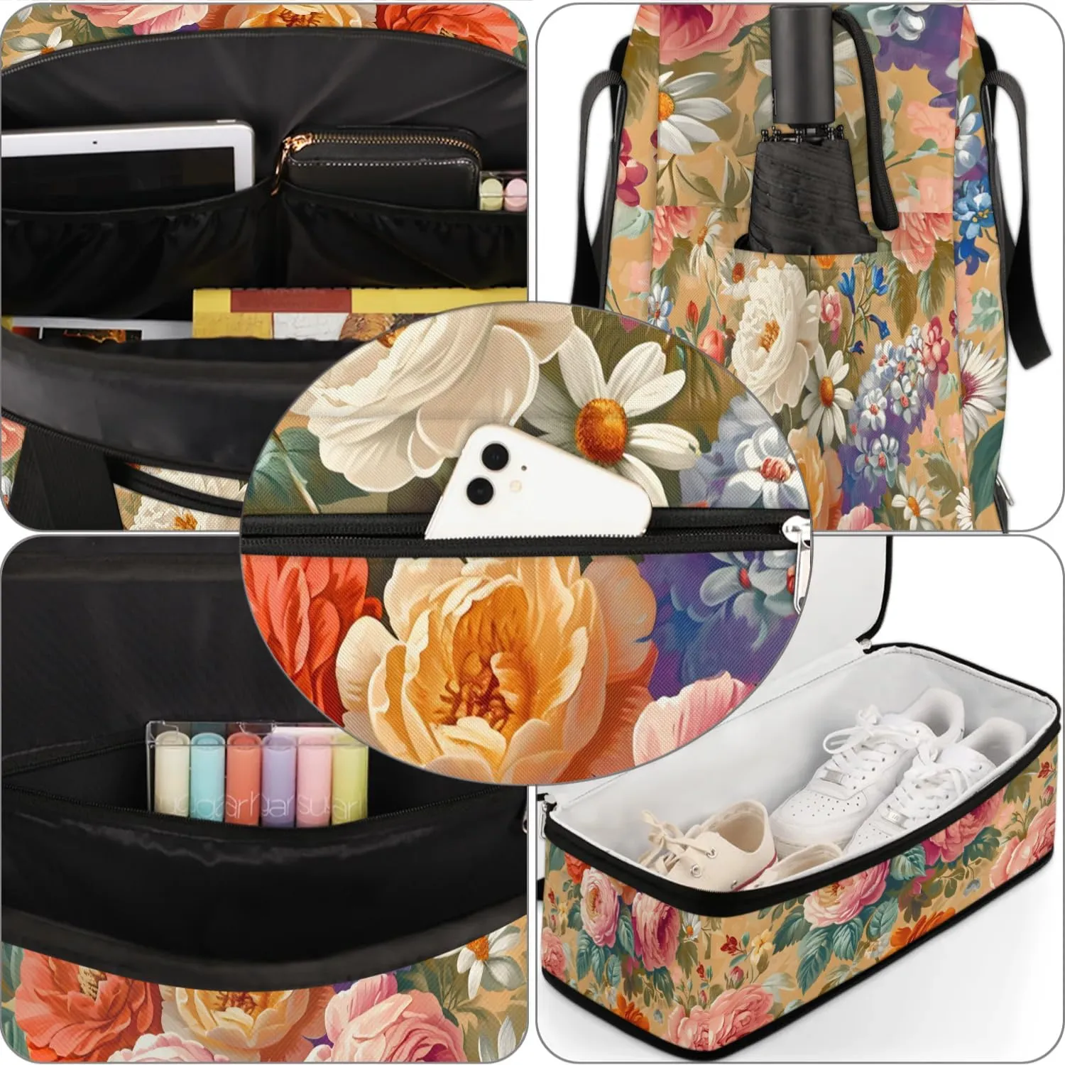 Colorful Retro Print Flowers Travel Duffle Bag, Collapsible Travel Bag Sports Gym Bag With Shoes Compartment Weekender Bag Overnight Bag For Women Men