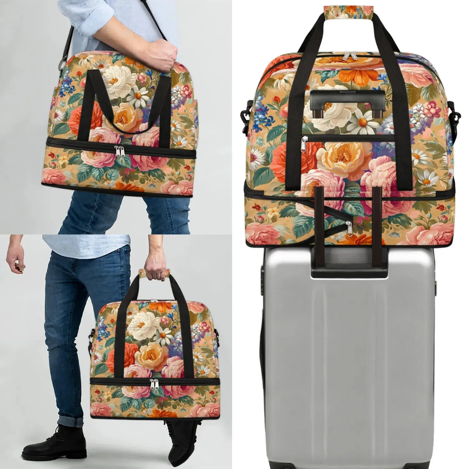 Colorful Retro Print Flowers Travel Duffle Bag, Collapsible Travel Bag Sports Gym Bag With Shoes Compartment Weekender Bag Overnight Bag For Women Men