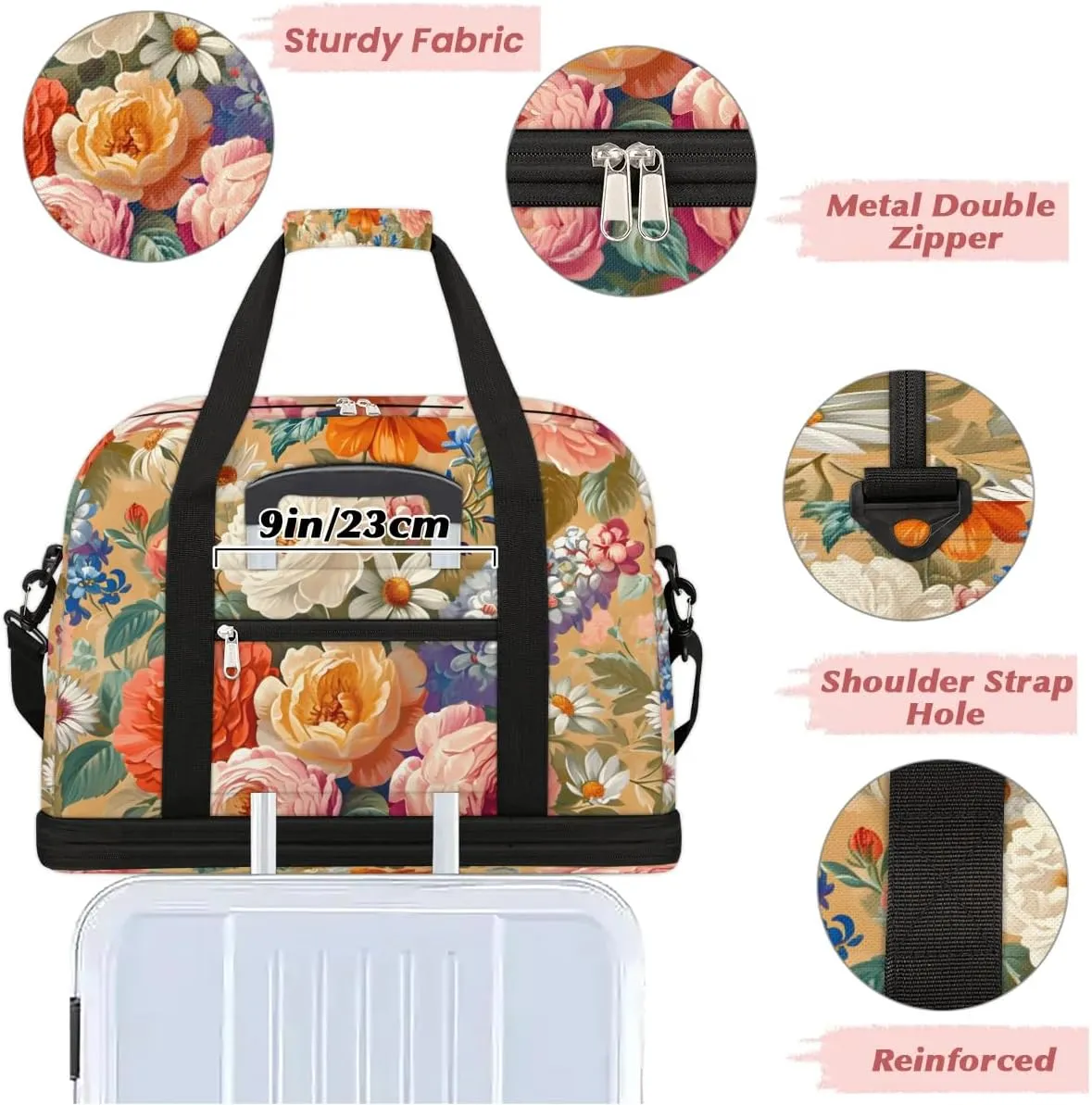 Colorful Retro Print Flowers Travel Duffle Bag, Collapsible Travel Bag Sports Gym Bag With Shoes Compartment Weekender Bag Overnight Bag For Women Men