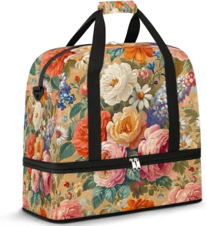 Colorful Retro Print Flowers Travel Duffle Bag, Collapsible Travel Bag Sports Gym Bag With Shoes Compartment Weekender Bag Overnight Bag For Women Men