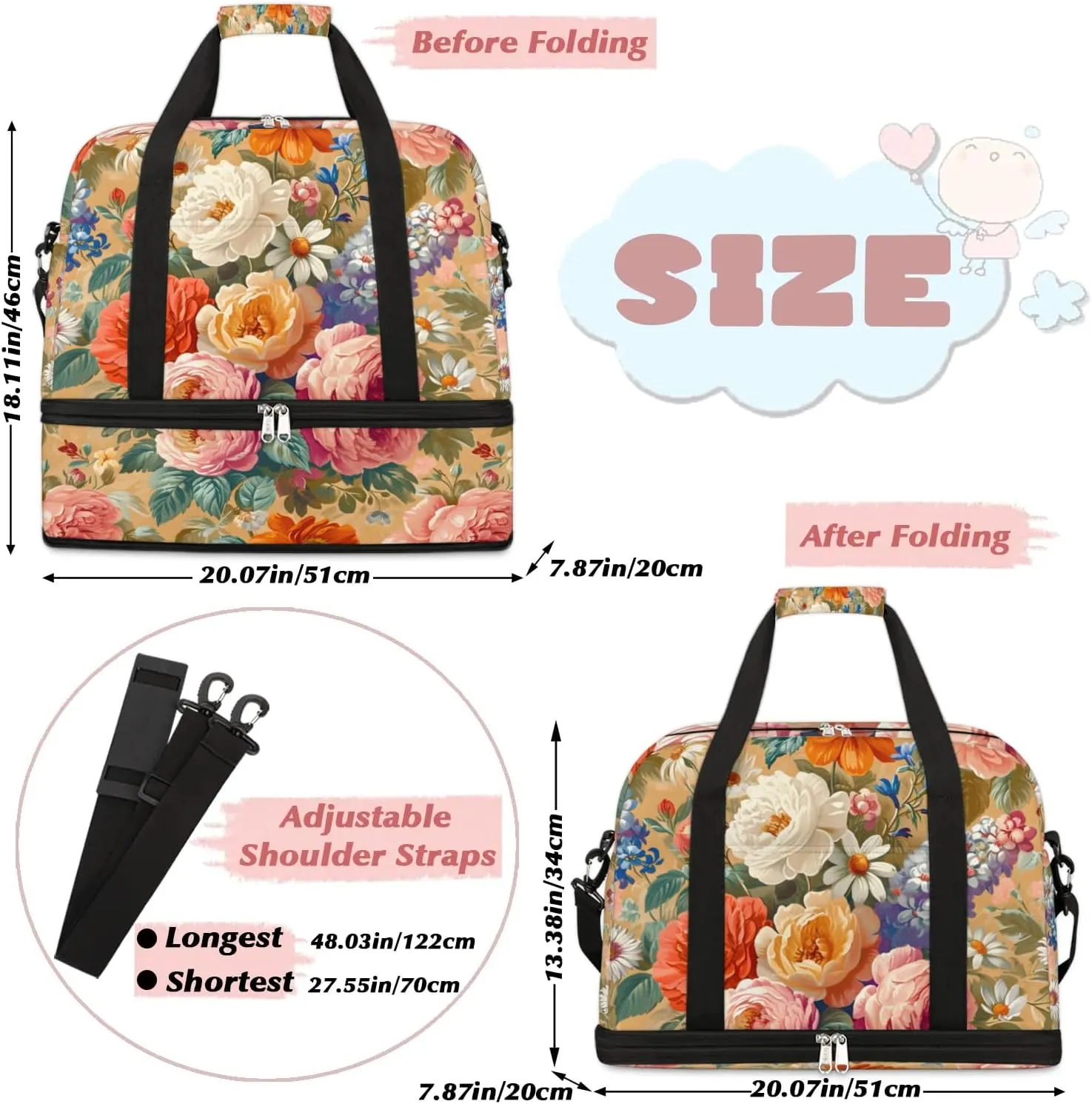 Colorful Retro Print Flowers Travel Duffle Bag, Collapsible Travel Bag Sports Gym Bag With Shoes Compartment Weekender Bag Overnight Bag For Women Men