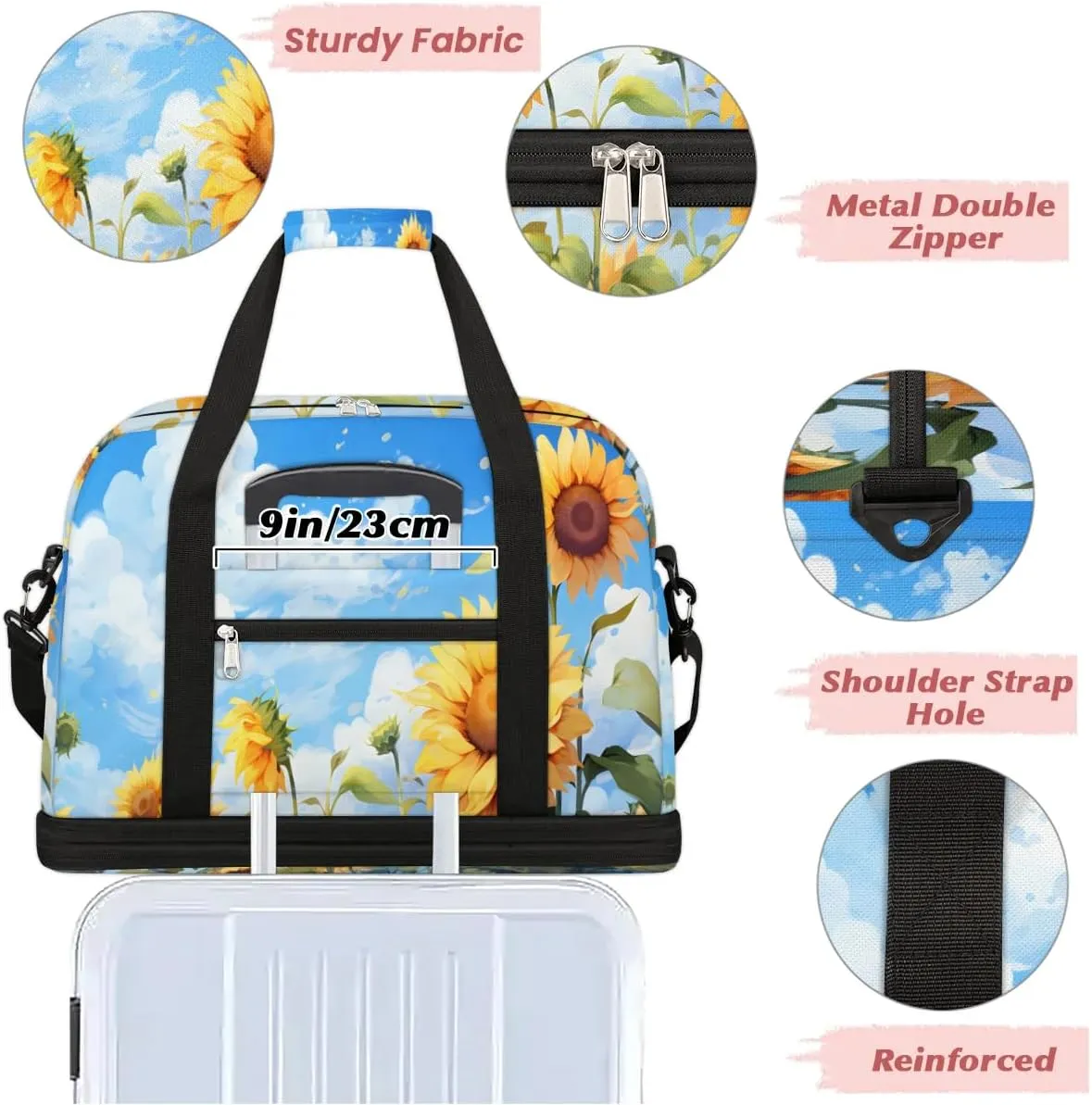 Colorful Retro Printing Flower Travel Duffle Bag, Collapsible Travel Bag Sports Gym Bag With Shoes Compartment Weekender Bag Overnight Bag For Women Men
