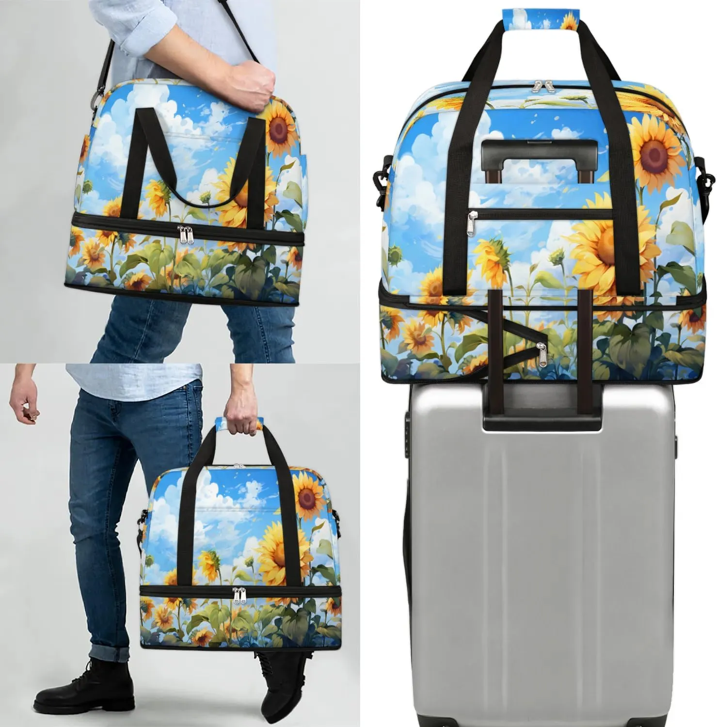 Colorful Retro Printing Flower Travel Duffle Bag, Collapsible Travel Bag Sports Gym Bag With Shoes Compartment Weekender Bag Overnight Bag For Women Men
