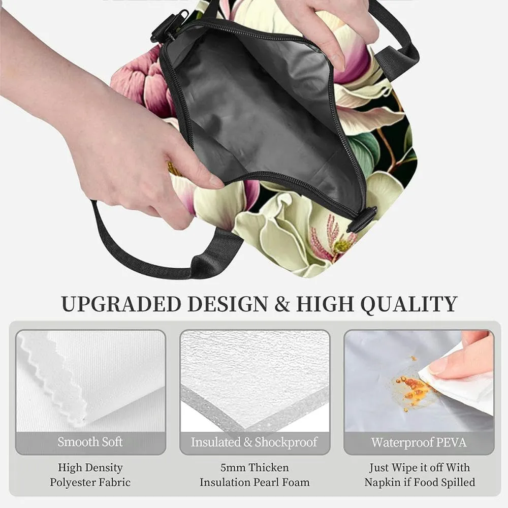 Composition flowers and peonies branches and Insulated Adult Lunch Bag with Shoulder Strap for Women Lightweight Reusable Portable Freezable Lunch Tote Bag for Work Picnic