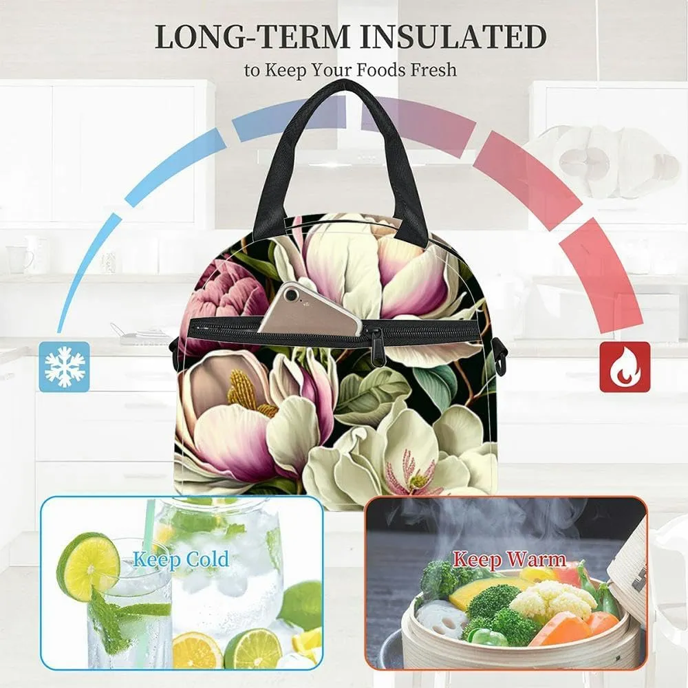 Composition flowers and peonies branches and Insulated Adult Lunch Bag with Shoulder Strap for Women Lightweight Reusable Portable Freezable Lunch Tote Bag for Work Picnic
