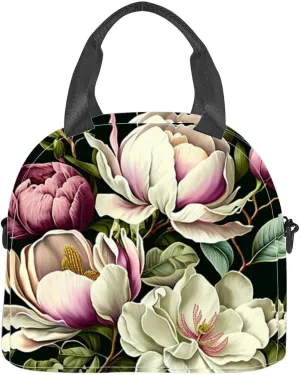 Composition flowers and peonies branches and Insulated Adult Lunch Bag with Shoulder Strap for Women Lightweight Reusable Portable Freezable Lunch Tote Bag for Work Picnic