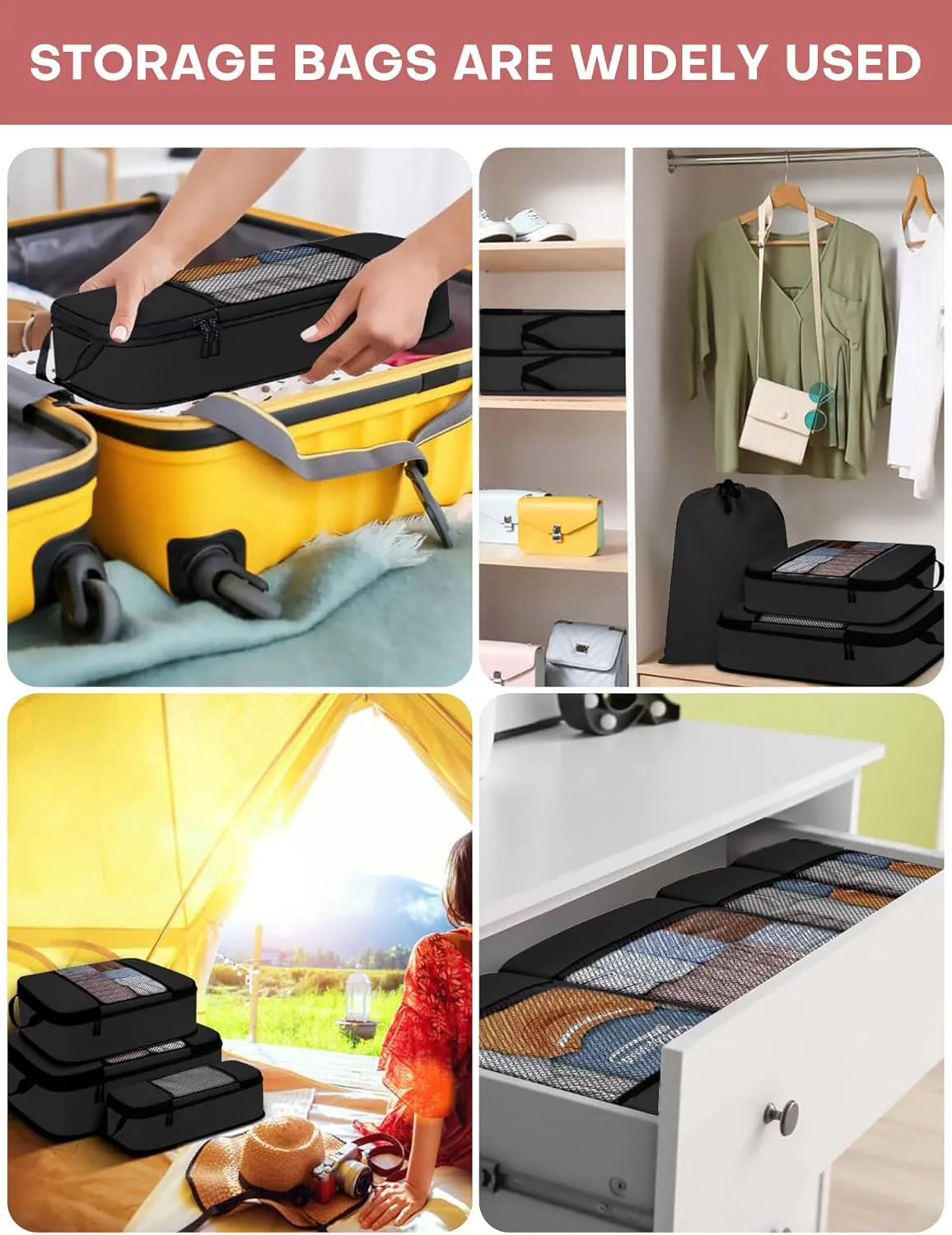 Compression Packing Cubes 4-Set Space Saver with Vacuum-Free Compression Expandable Luggage Organizer for Carry-On