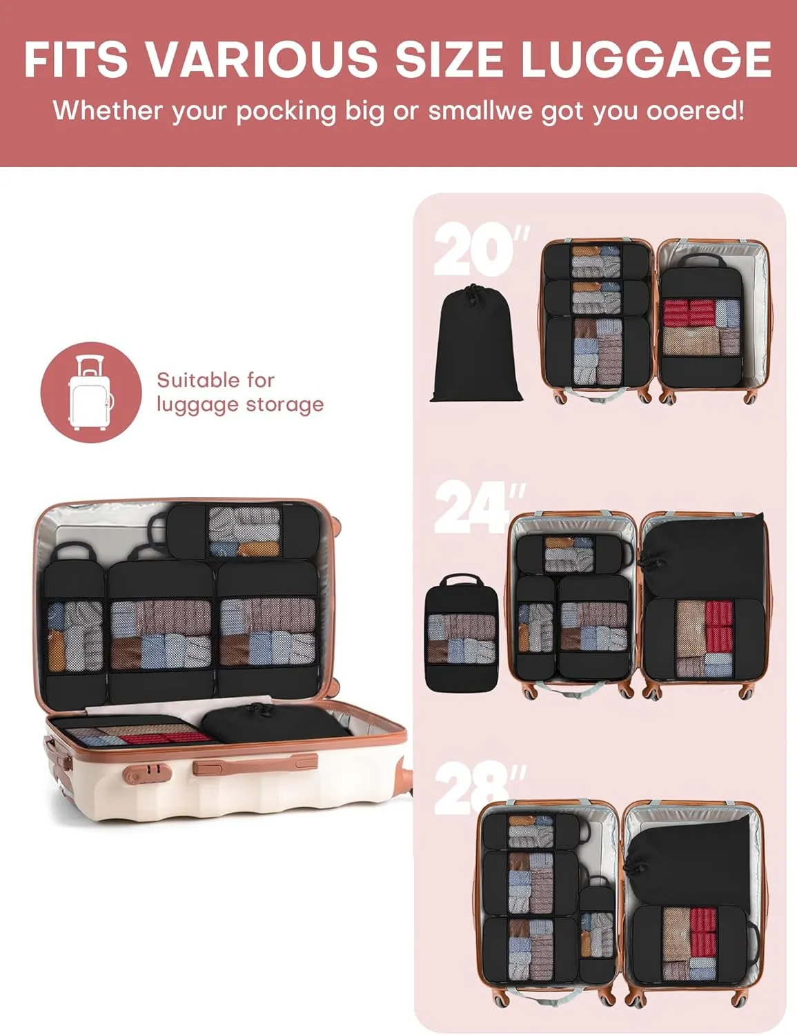Compression Packing Cubes 4-Set Space Saver with Vacuum-Free Compression Expandable Luggage Organizer for Carry-On