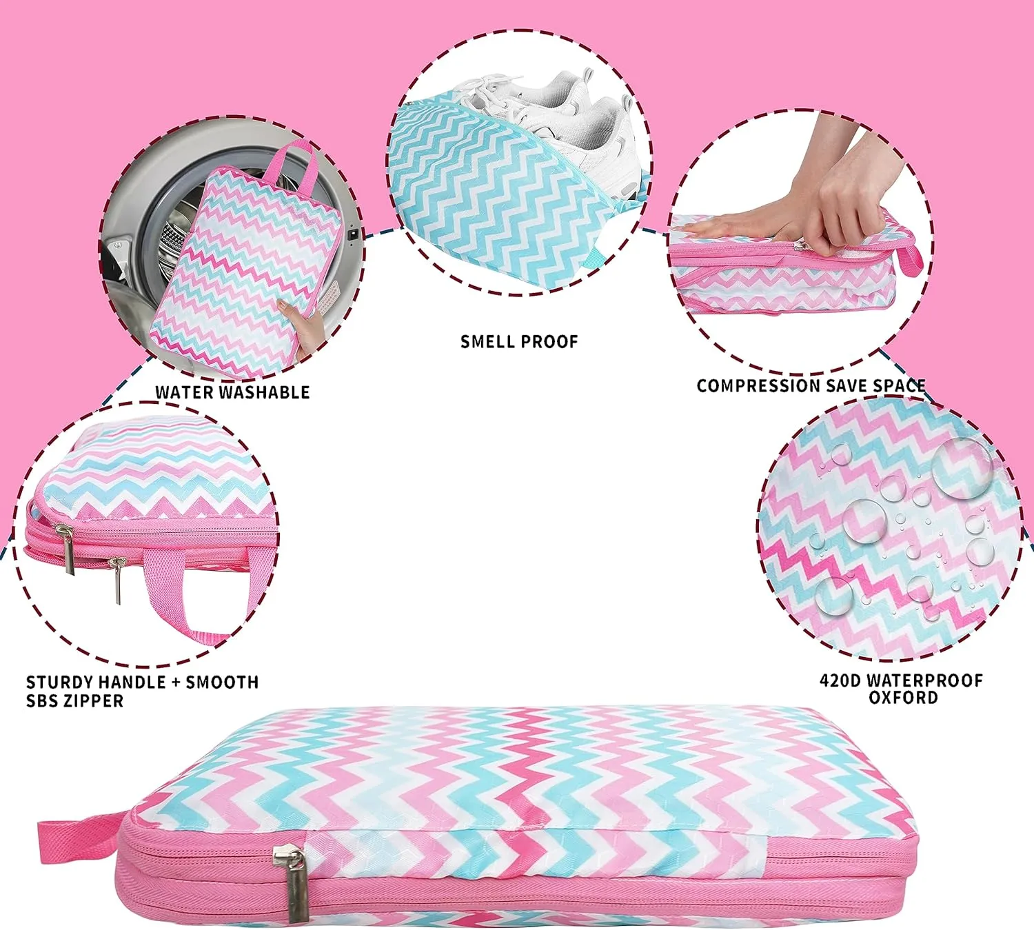 Compression Packing Cubes for Suitcases, 6 Set Flamingo Luggage Organizer, Lightweight Waterproof Expandable/Compression Bags Smell Proof Travel Packing Cubes for Suitcases