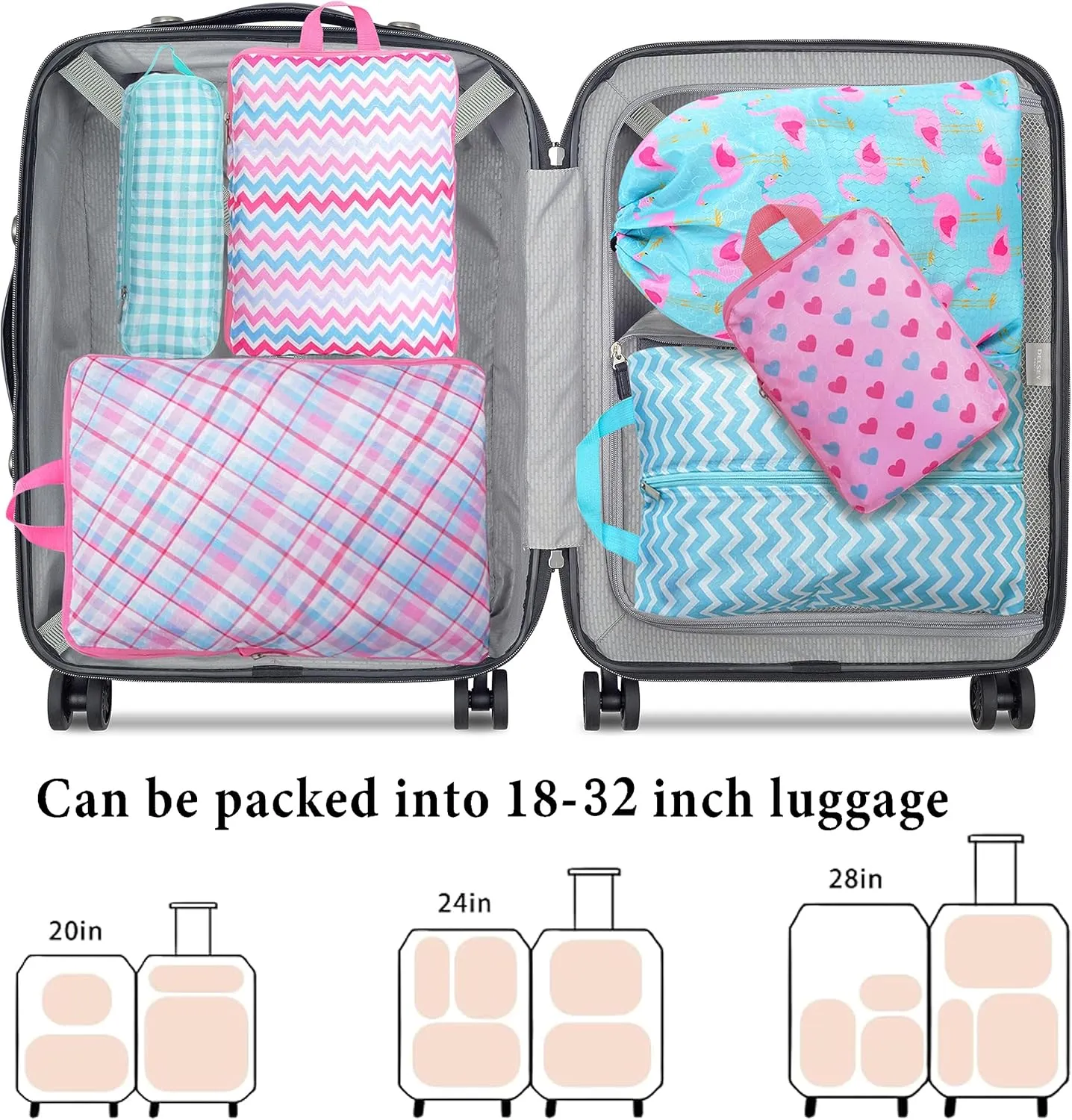 Compression Packing Cubes for Suitcases, 6 Set Flamingo Luggage Organizer, Lightweight Waterproof Expandable/Compression Bags Smell Proof Travel Packing Cubes for Suitcases
