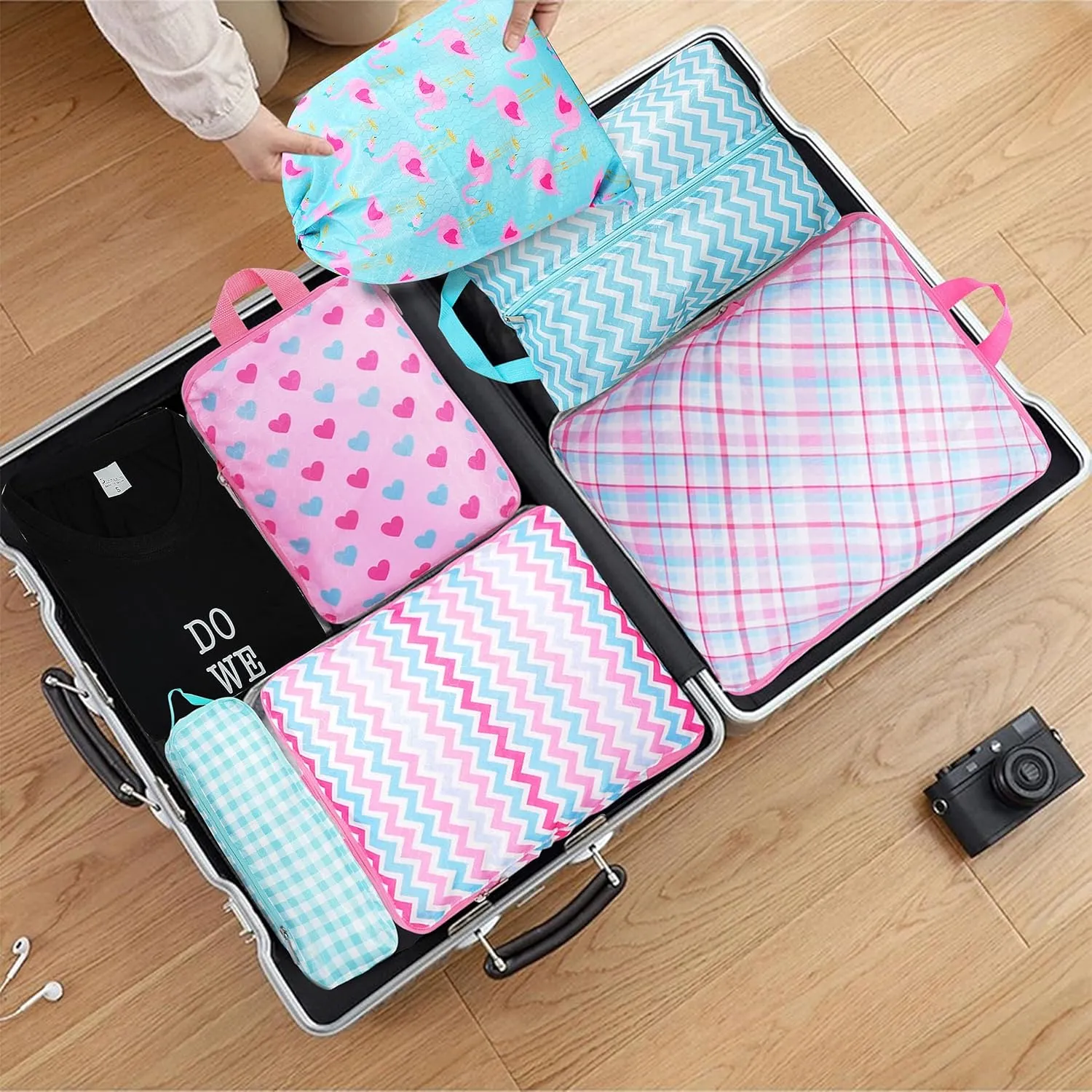 Compression Packing Cubes for Suitcases, 6 Set Flamingo Luggage Organizer, Lightweight Waterproof Expandable/Compression Bags Smell Proof Travel Packing Cubes for Suitcases
