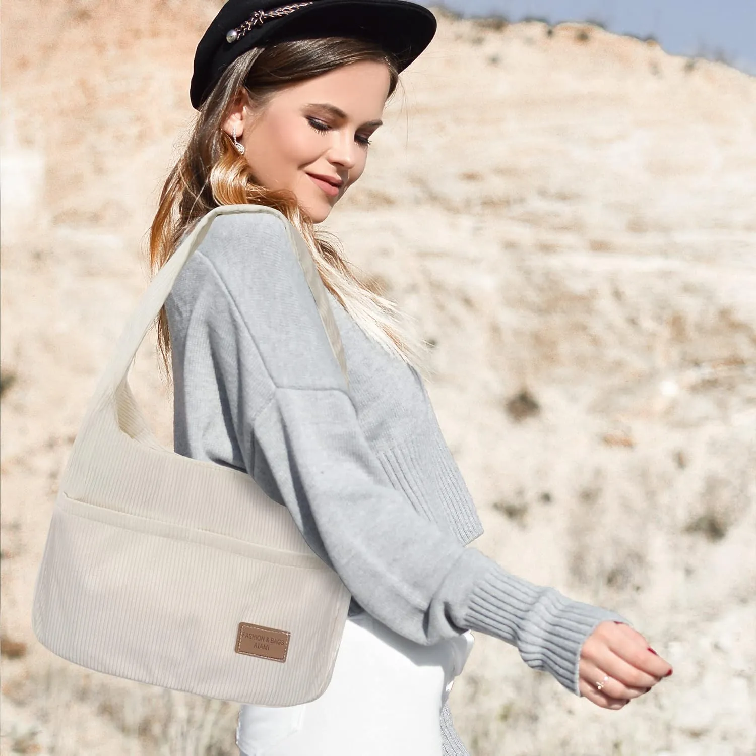 Corduroy Tote Bag for Women,Cute Casual Handbags Shopping Work Bag Shoulder Bag with Pockets