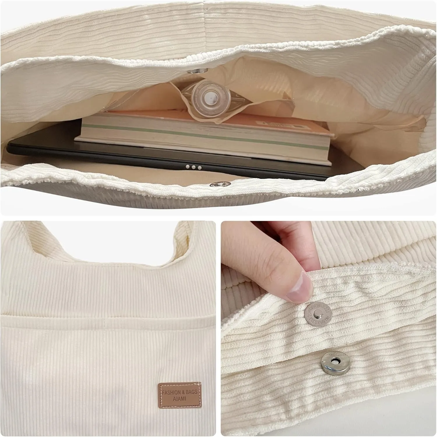 Corduroy Tote Bag for Women,Cute Casual Handbags Shopping Work Bag Shoulder Bag with Pockets