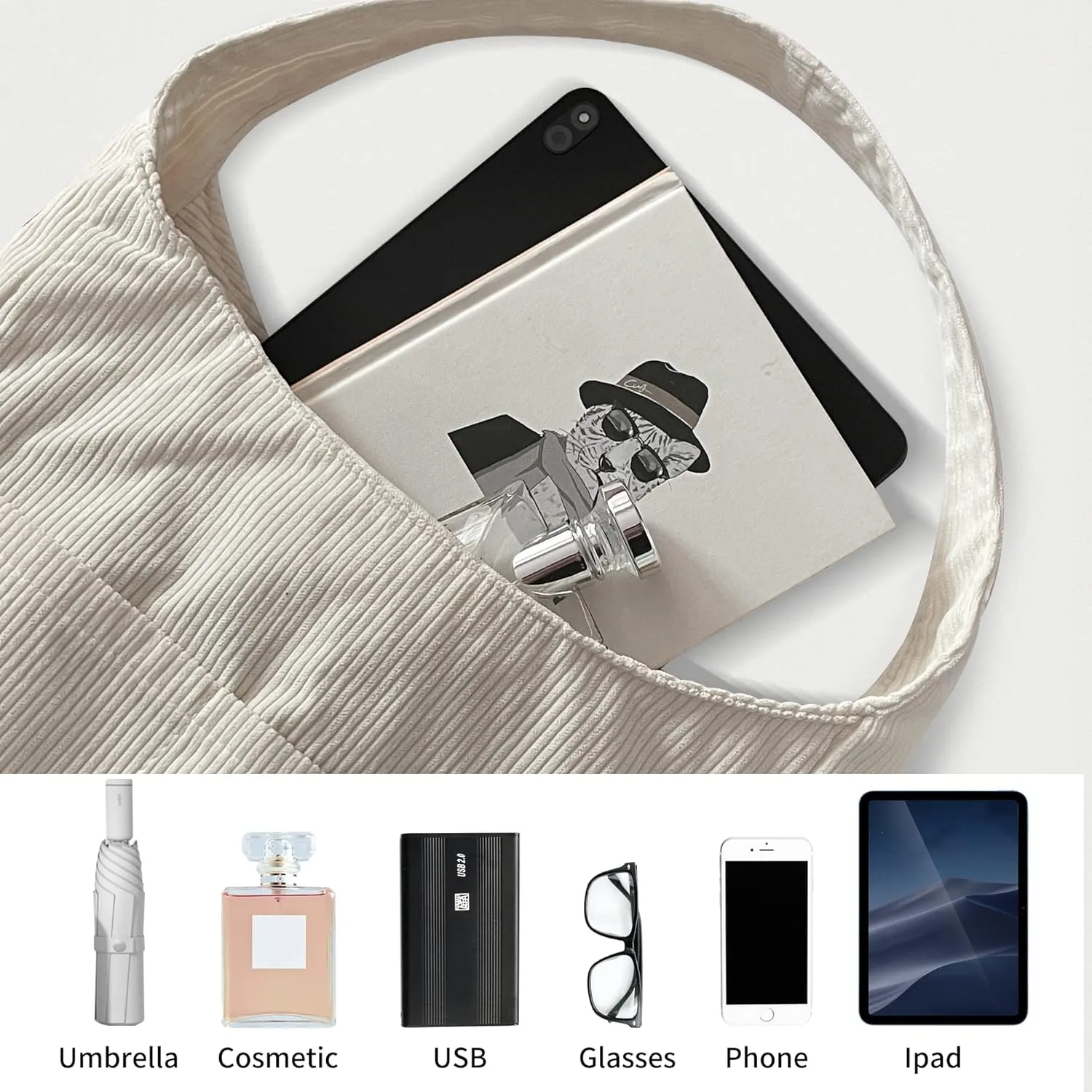 Corduroy Tote Bag for Women,Cute Casual Handbags Shopping Work Bag Shoulder Bag with Pockets