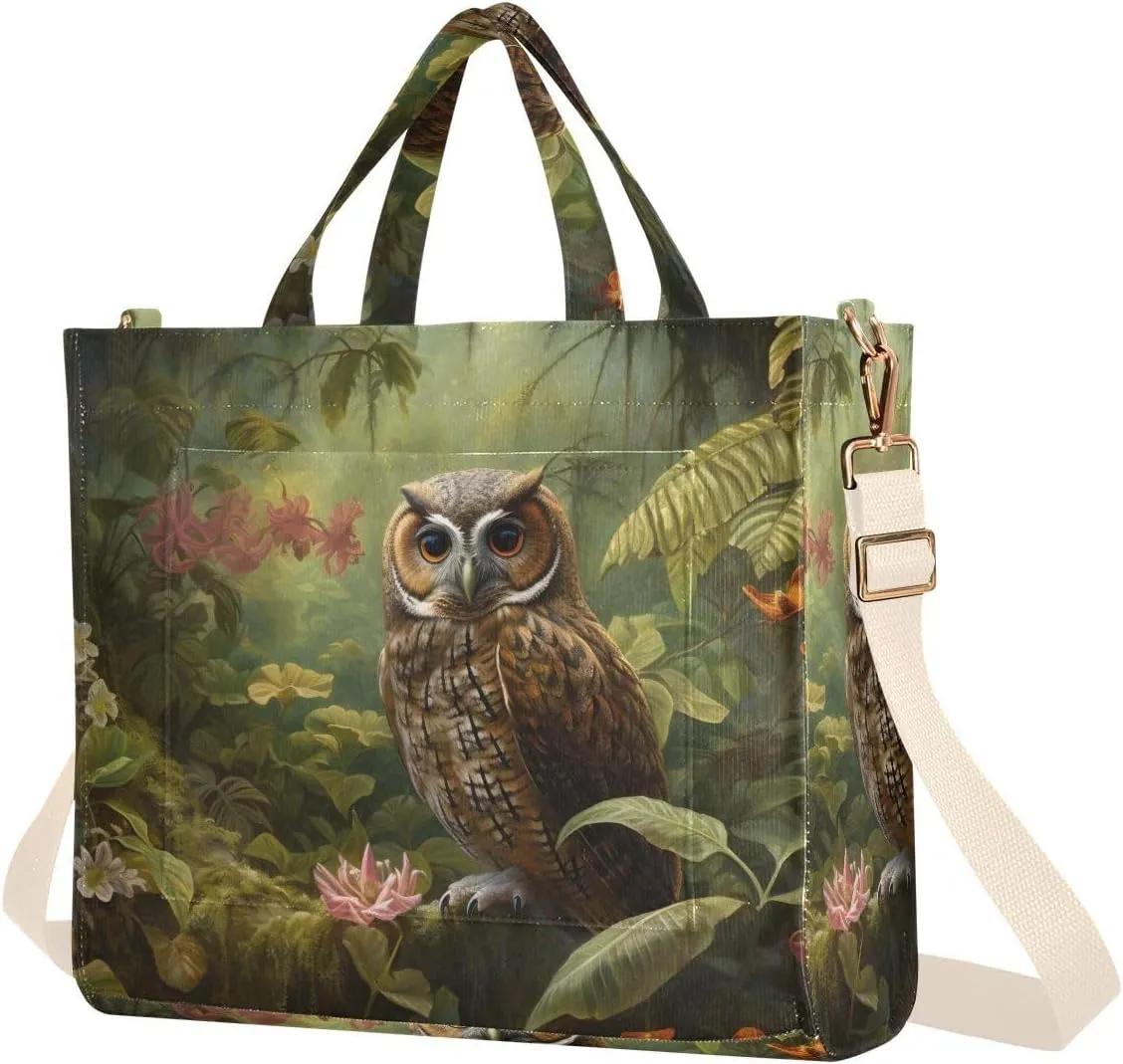 Corduroy Women Tote Bag, Handbag Purse with Detachable Strap Rainforest Owl Print Small Size