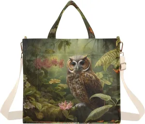 Corduroy Women Tote Bag, Handbag Purse with Detachable Strap Rainforest Owl Print Small Size