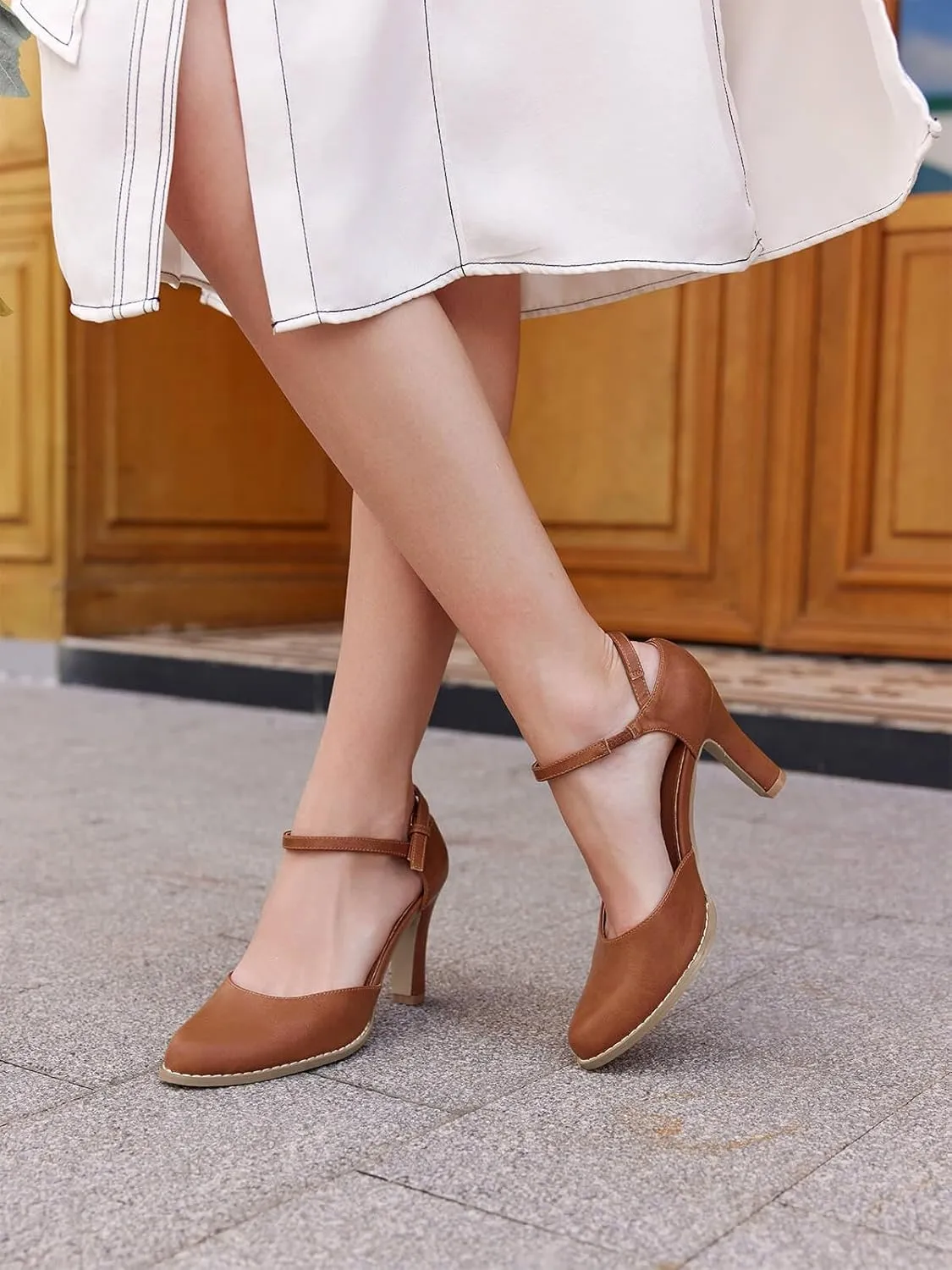 Coutgo Womens Chunky High Heels Closed Pointed Toe Ankle Strap Pumps Vintage D'Orsay Dress Party Shoes