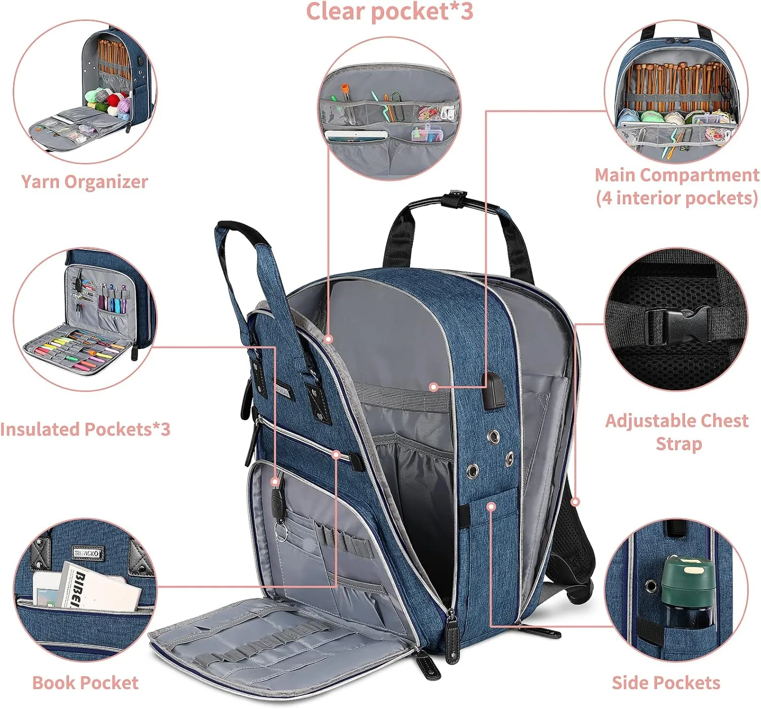 Crochet Bag, Knitting Bag Backpack and Totes Organizer with USB Charging Port, Large Yarn Storage Tote Bag