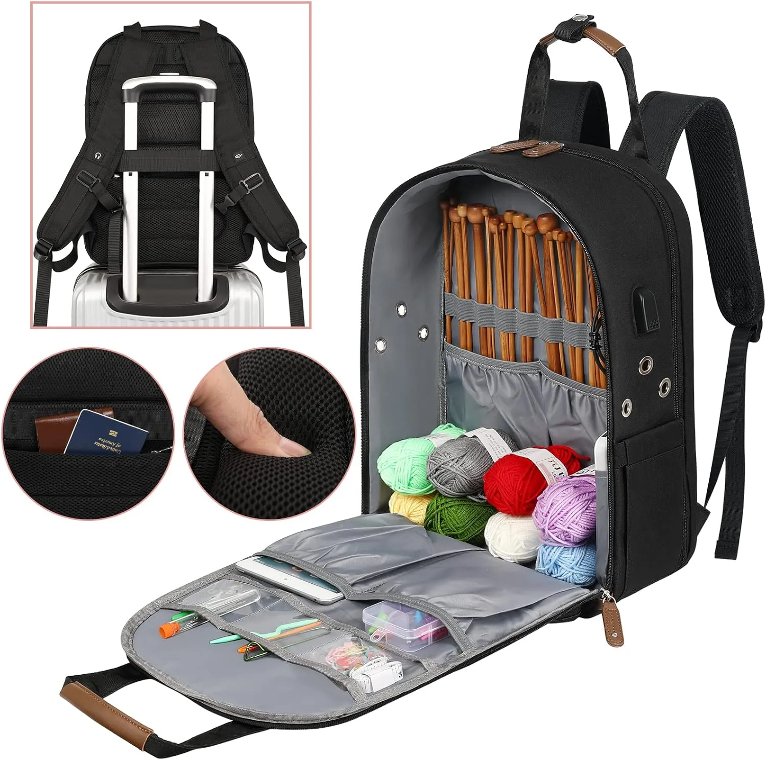 Crochet Bag, Knitting Bag Backpack and Totes Organizer with USB Charging Port, Large Yarn Storage Tote Bag