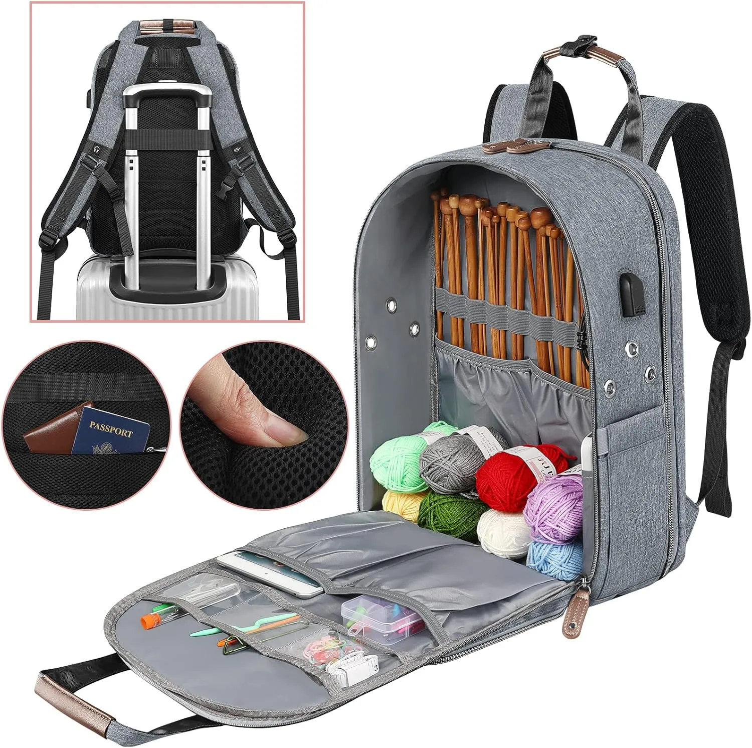 Crochet Bag, Knitting Bag Backpack and Totes Organizer with USB Charging Port, Large Yarn Storage Tote Bag