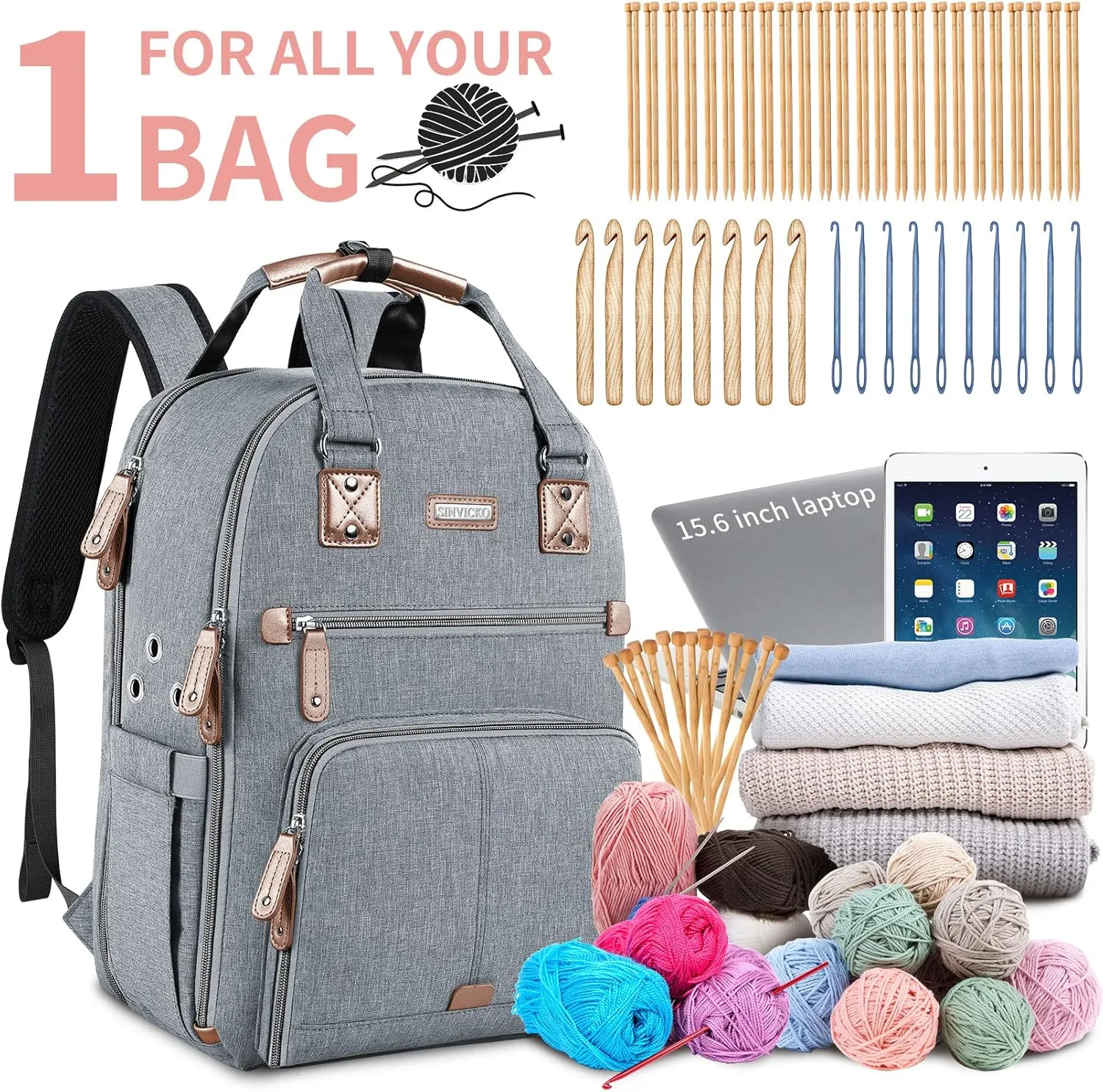 Crochet Bag, Knitting Bag Backpack and Totes Organizer with USB Charging Port, Large Yarn Storage Tote Bag