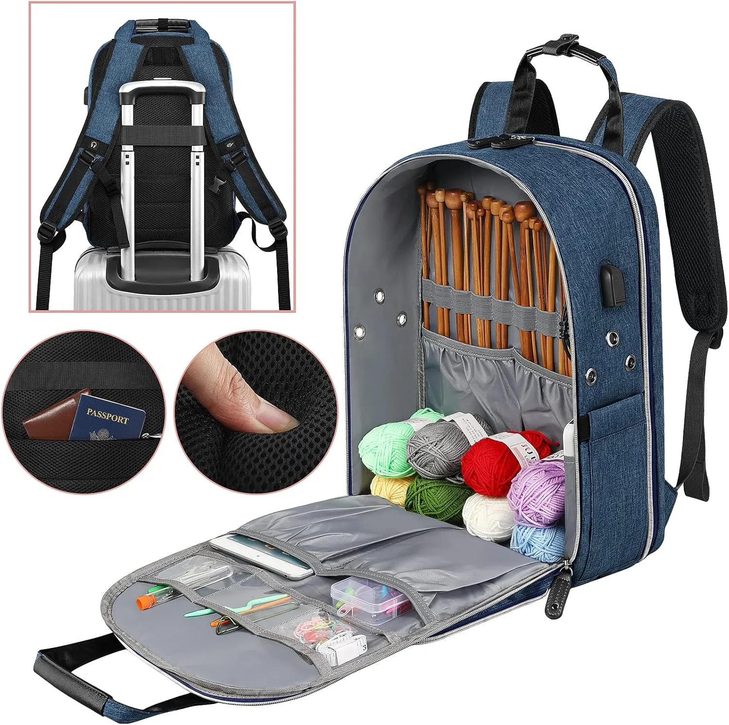 Crochet Bag, Knitting Bag Backpack and Totes Organizer with USB Charging Port, Large Yarn Storage Tote Bag