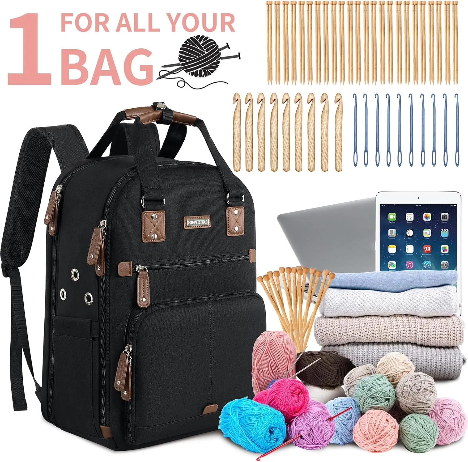 Crochet Bag, Knitting Bag Backpack and Totes Organizer with USB Charging Port, Large Yarn Storage Tote Bag