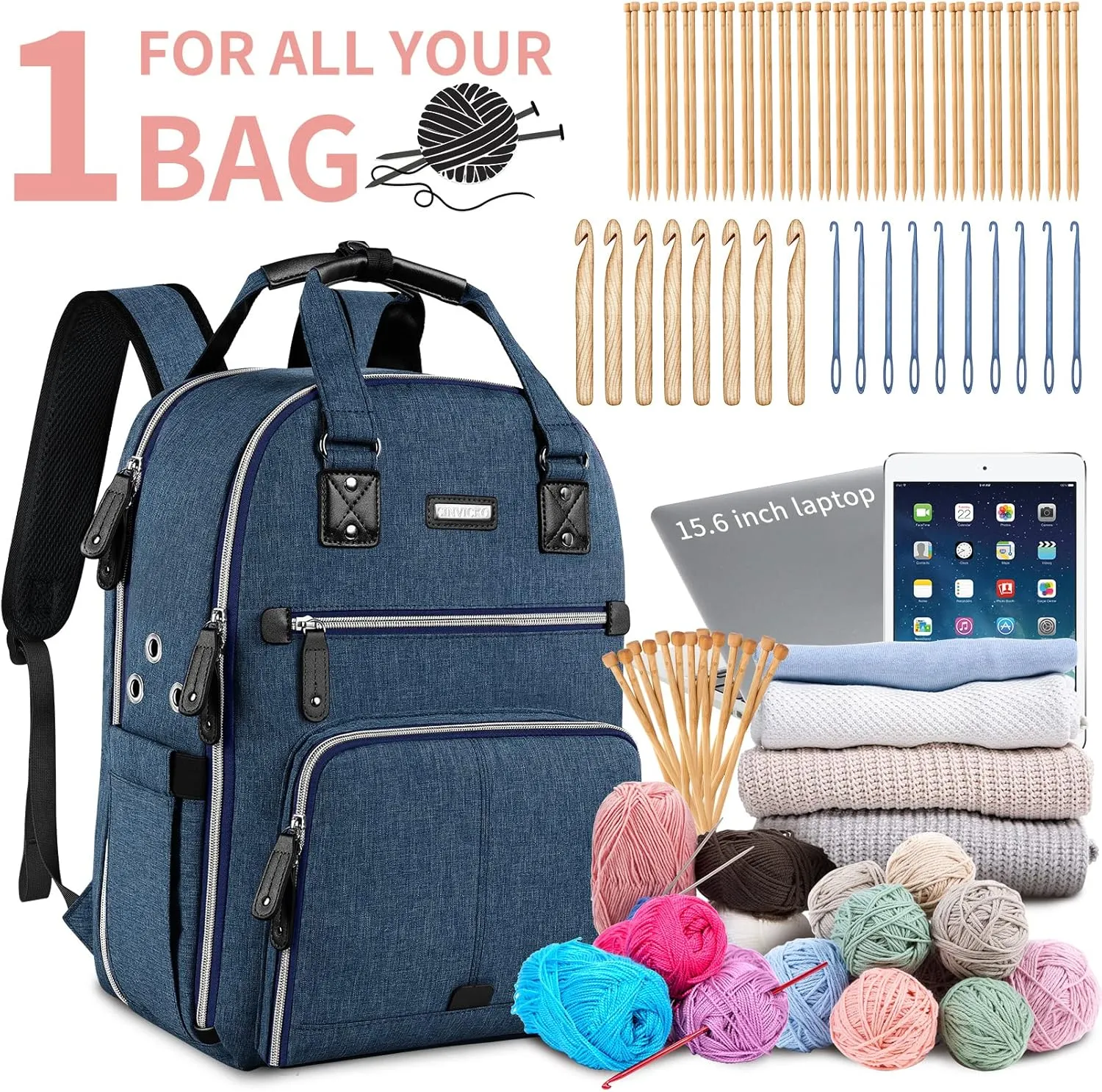 Crochet Bag, Knitting Bag Backpack and Totes Organizer with USB Charging Port, Large Yarn Storage Tote Bag