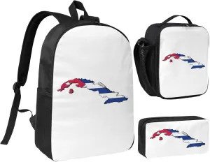 Cuban Flag Map print Backpack Set Casual Shoulder Bag Lunch Bag Pen Pouch 3 in 1 Set 17inch for Women Men College