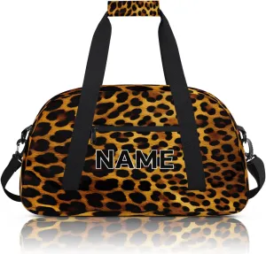 Custom Black and Gold Small Gym Bag 18 inch for Women Men Personalized Leopard Print Carry On Overnight Weekender Bag for Travel Work Dance Sport