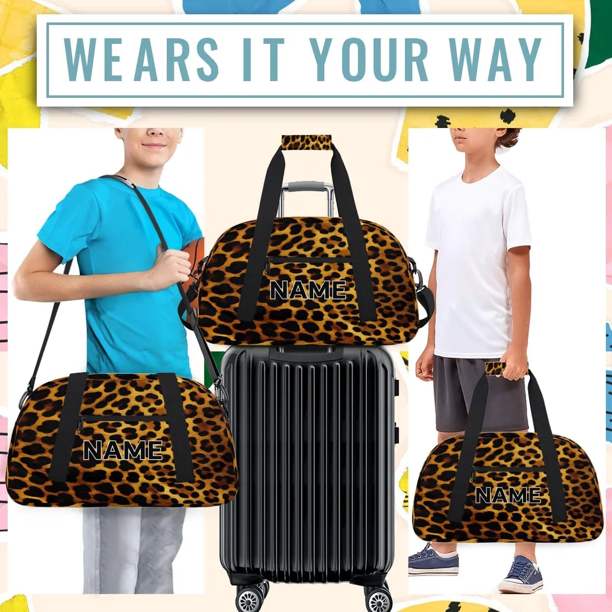 Custom Black and Gold Small Gym Bag 18 inch for Women Men Personalized Leopard Print Carry On Overnight Weekender Bag for Travel Work Dance Sport