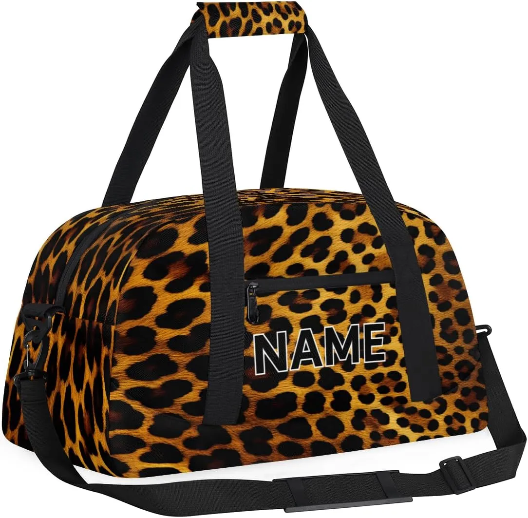 Custom Black and Gold Small Gym Bag 18 inch for Women Men Personalized Leopard Print Carry On Overnight Weekender Bag for Travel Work Dance Sport