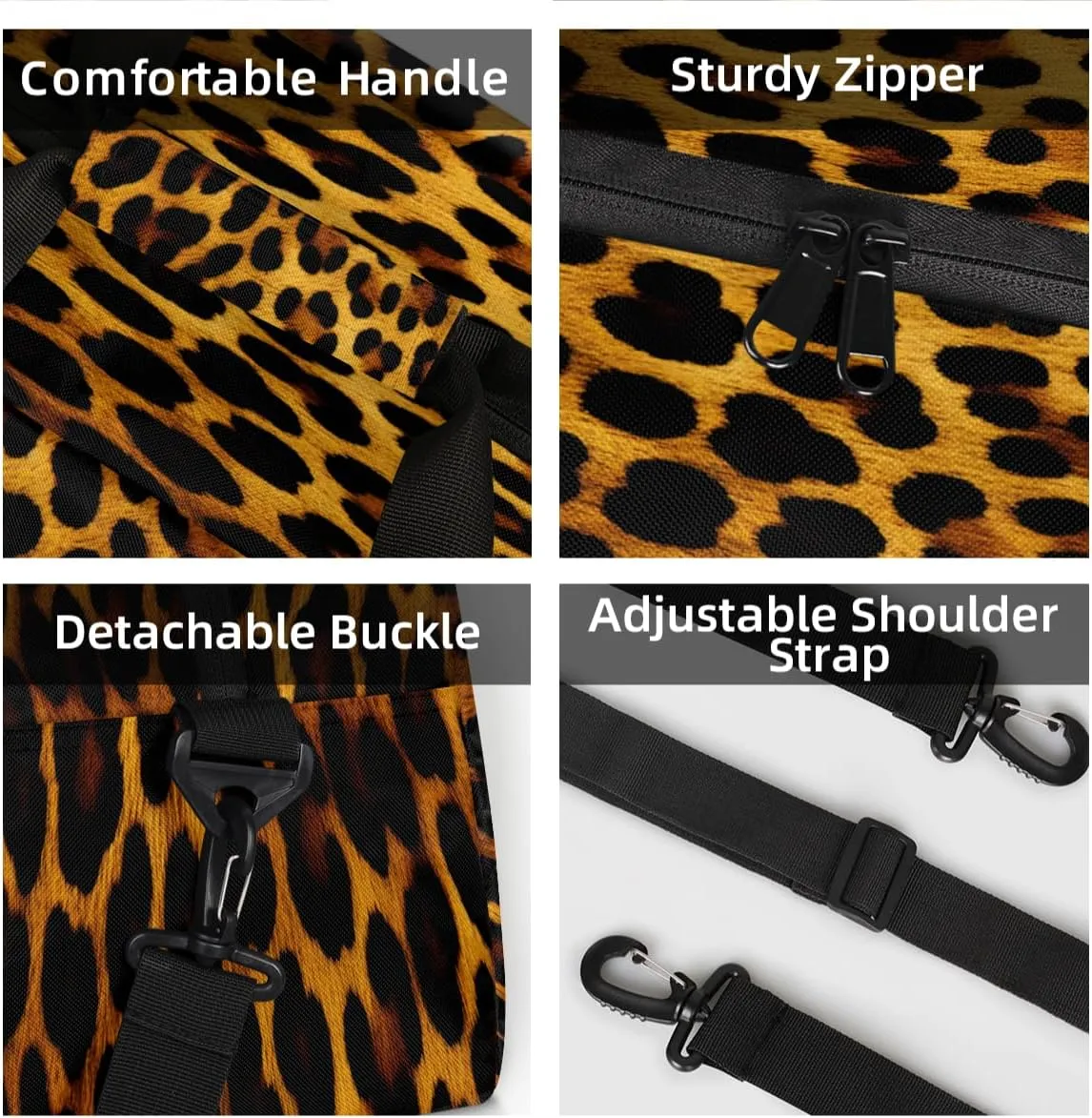Custom Black and Gold Small Gym Bag 18 inch for Women Men Personalized Leopard Print Carry On Overnight Weekender Bag for Travel Work Dance Sport
