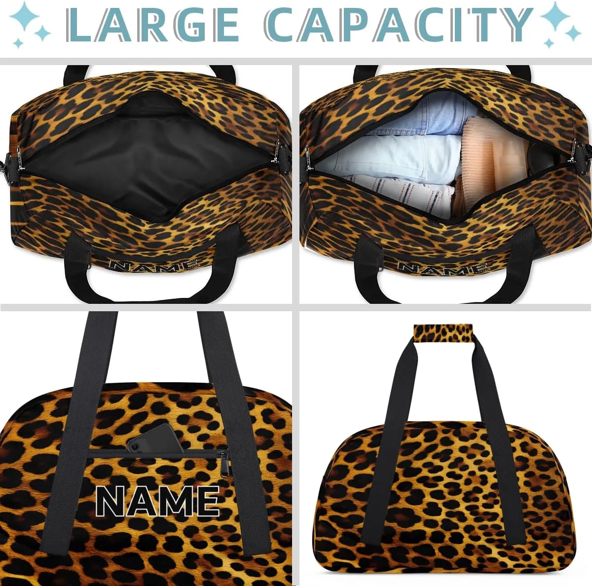 Custom Black and Gold Small Gym Bag 18 inch for Women Men Personalized Leopard Print Carry On Overnight Weekender Bag for Travel Work Dance Sport