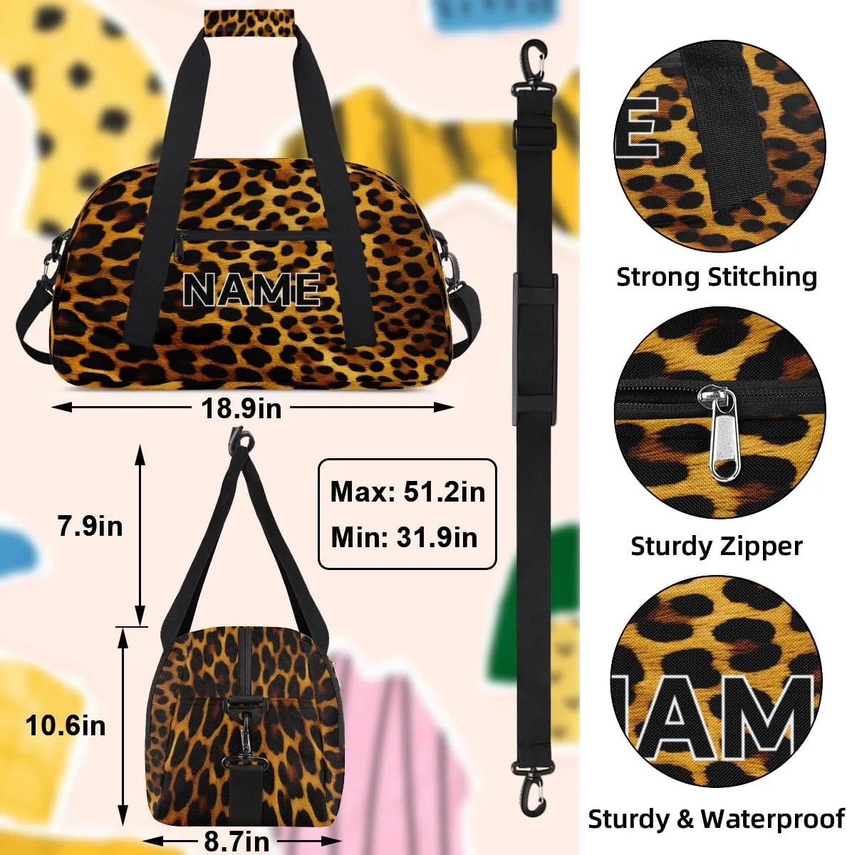 Custom Black and Gold Small Gym Bag 18 inch for Women Men Personalized Leopard Print Carry On Overnight Weekender Bag for Travel Work Dance Sport