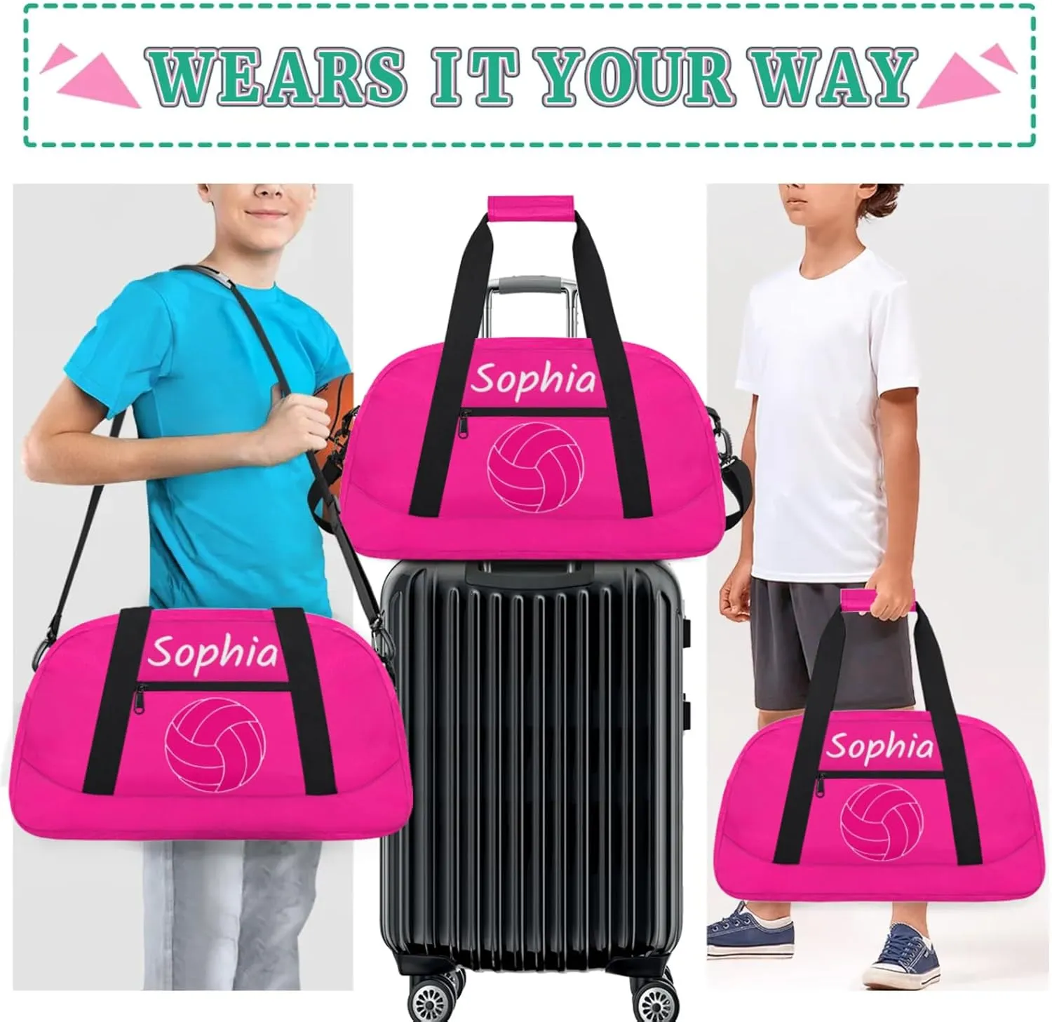 Custom Kids Duffel Bags with Name - Lightweight Gym Bag for Boys & Girls, Personalized Sports Backpack for Workout, and Travel Pink Volleyball