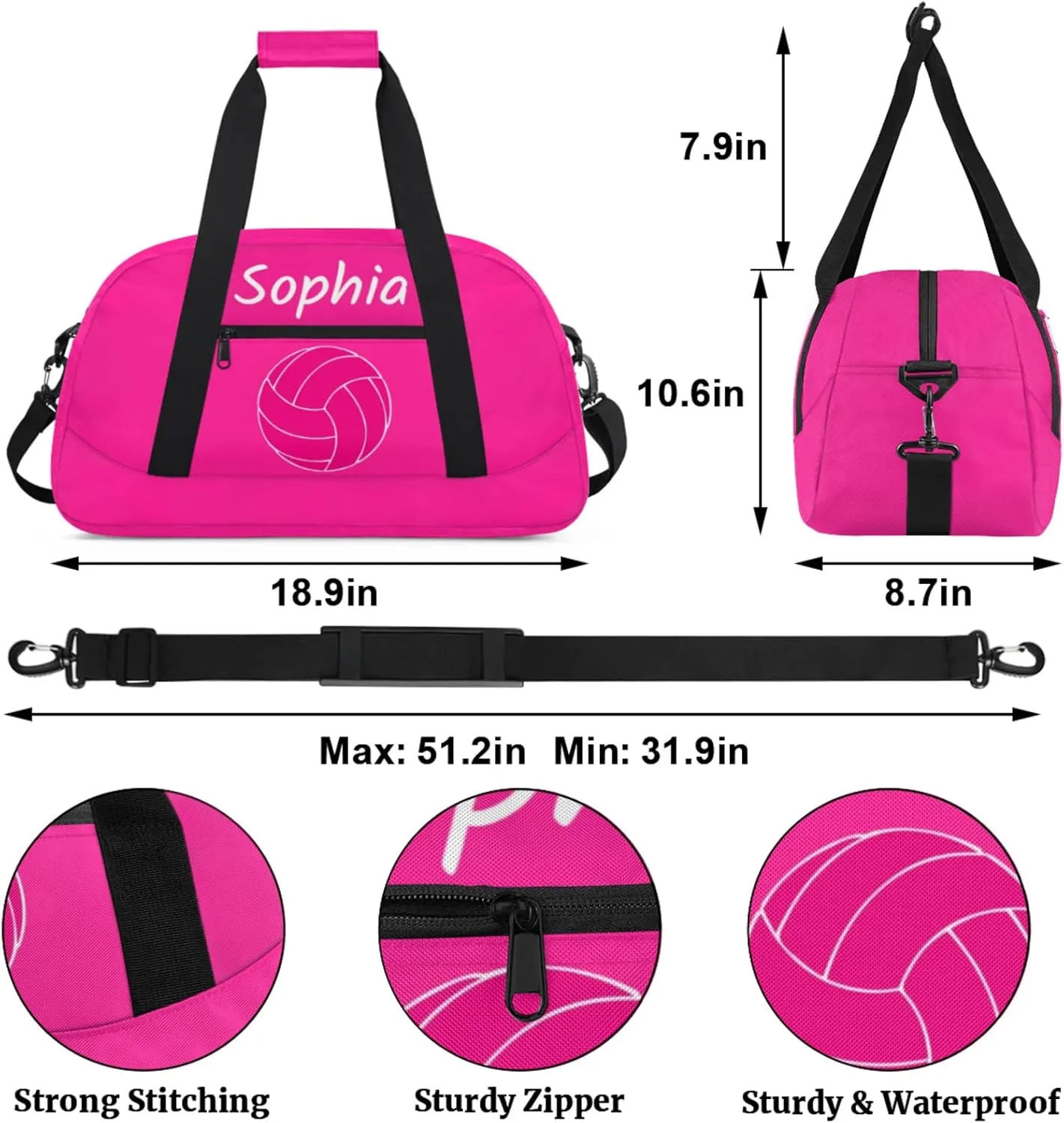 Custom Kids Duffel Bags with Name - Lightweight Gym Bag for Boys & Girls, Personalized Sports Backpack for Workout, and Travel Pink Volleyball